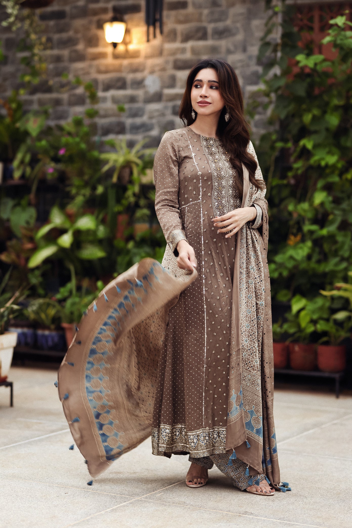 Ajrakh hand dyed hand block printed modal silk panel cut salwar set with cut bead handwork