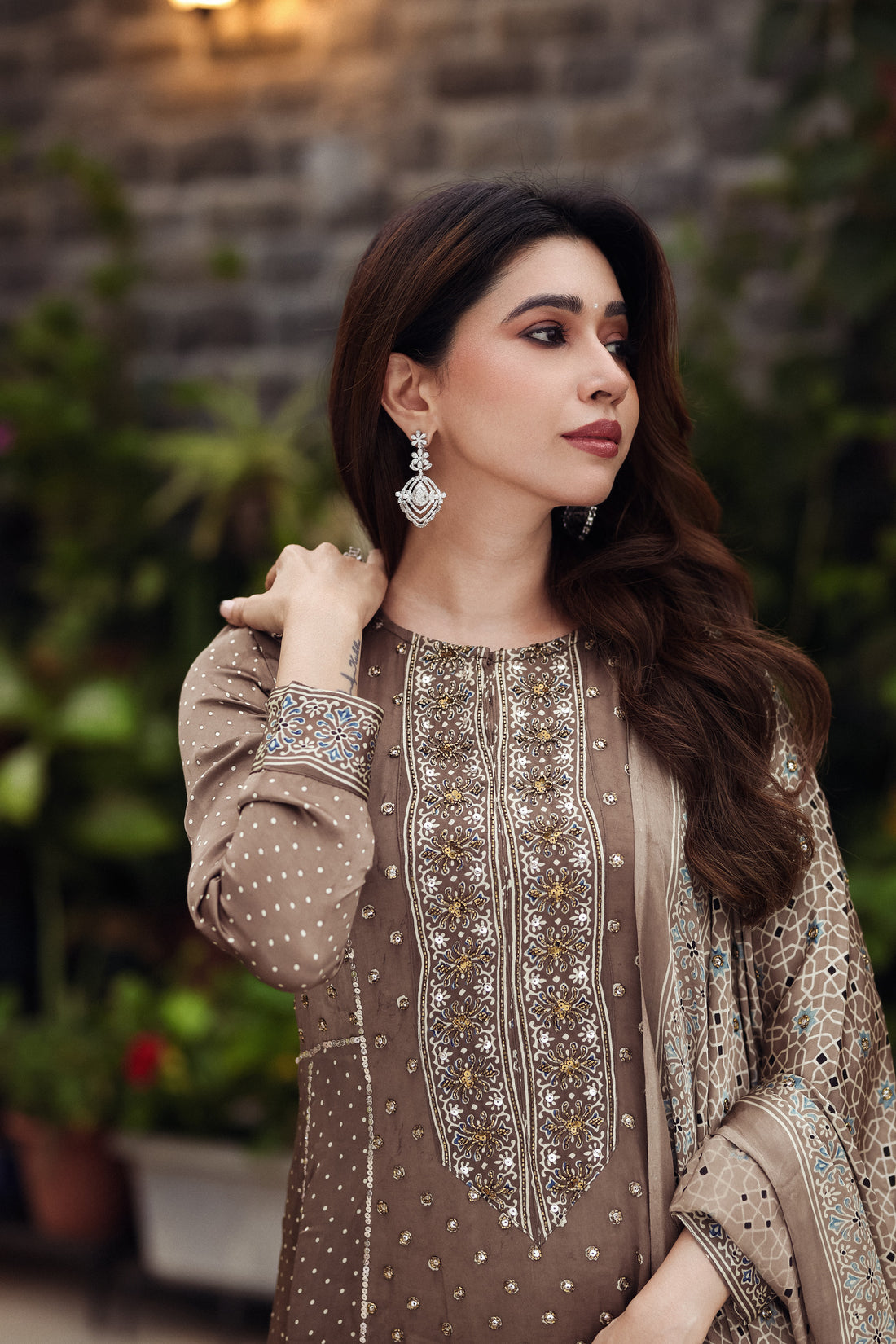 Ajrakh hand dyed hand block printed modal silk panel cut salwar set with cut bead handwork