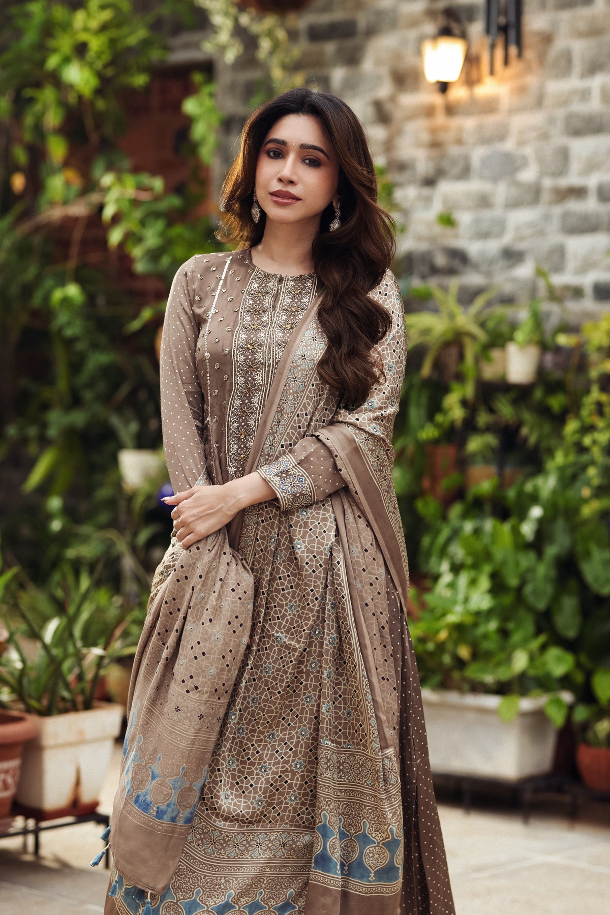 Ajrakh hand dyed hand block printed modal silk panel cut salwar set with cut bead handwork