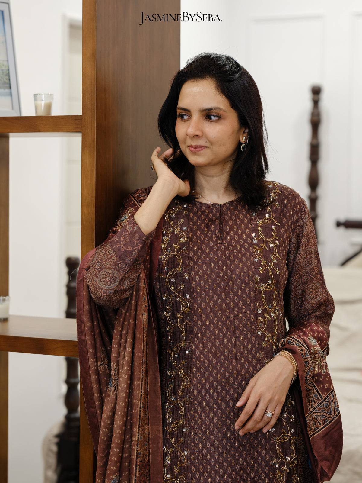 Bespoke ‘Jasmine’ hand block printed Ajrakh handcrafted pure handloom tusshar silk panel cut salwar set with cut bead handwork