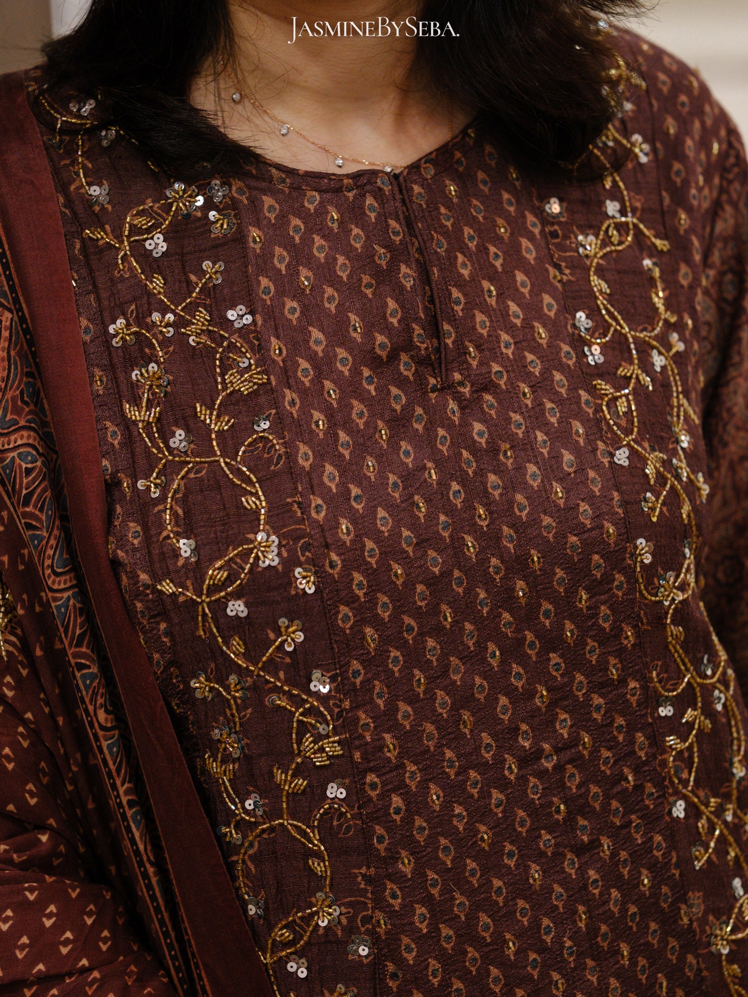 Bespoke ‘Jasmine’ hand block printed Ajrakh handcrafted pure handloom tusshar silk panel cut salwar set with cut bead handwork