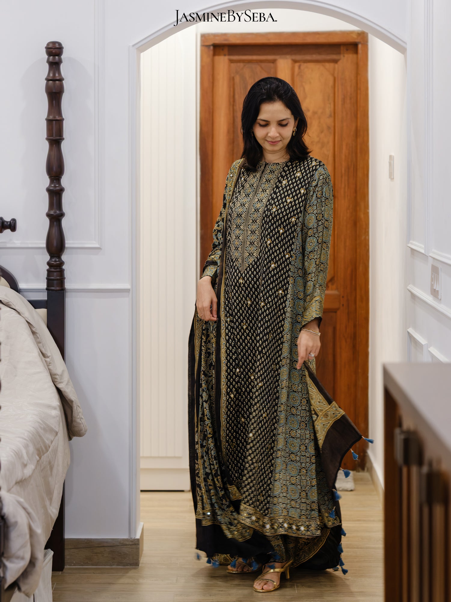 Bespoke ‘Jasmine’ hand block printed Ajrakh handcrafted modal silk panel cut salwar set with cut bead handwork