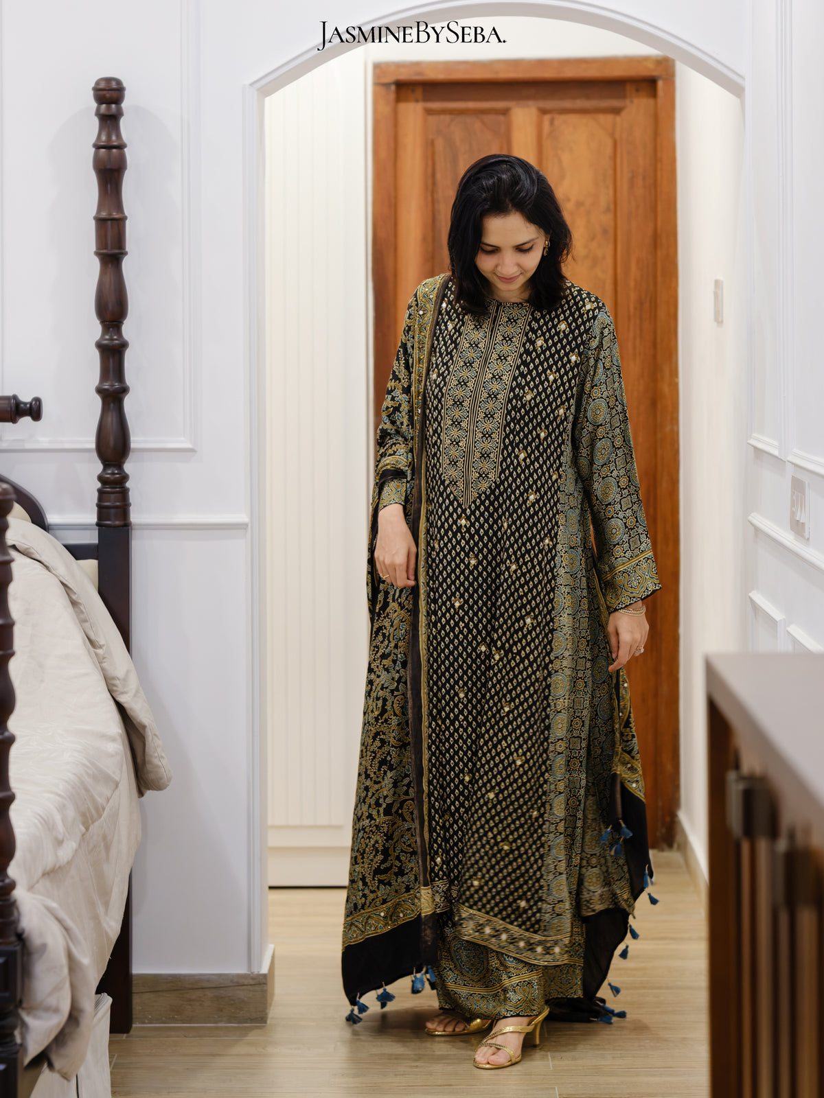 Bespoke ‘Jasmine’ hand block printed Ajrakh handcrafted modal silk panel cut salwar set with cut bead handwork