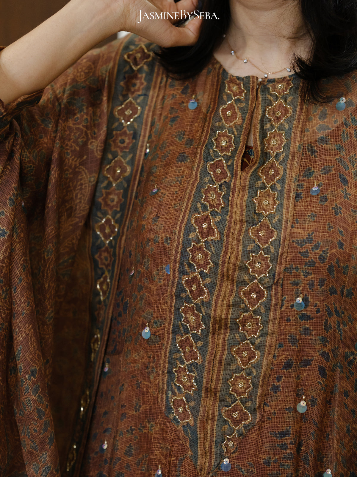 Ajrakh hand dyed hand block printed kota silk jacket set with cut bead handwork