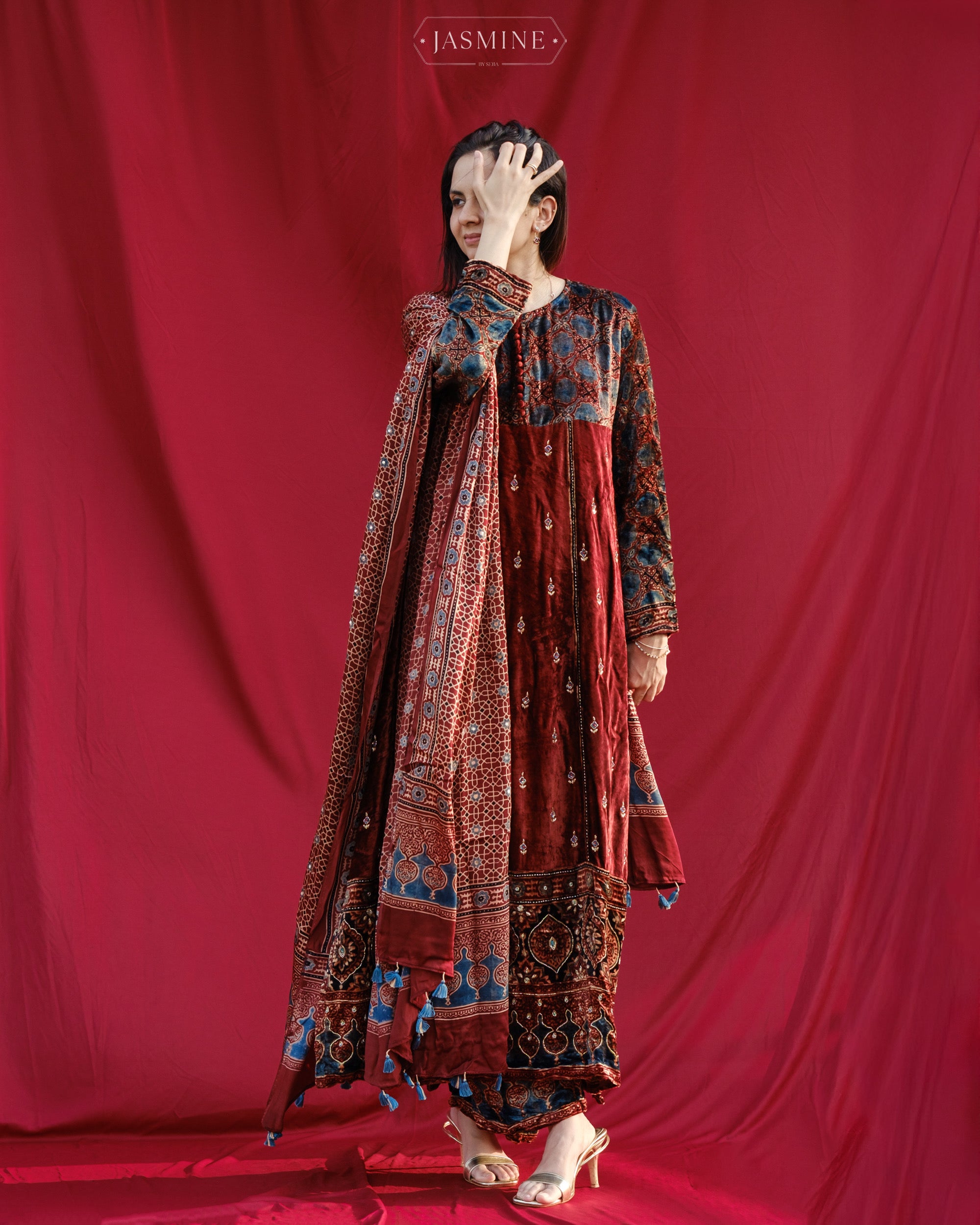 Ajrakh hand block printed velvet silk panel cut salwar set with cutbead handwork