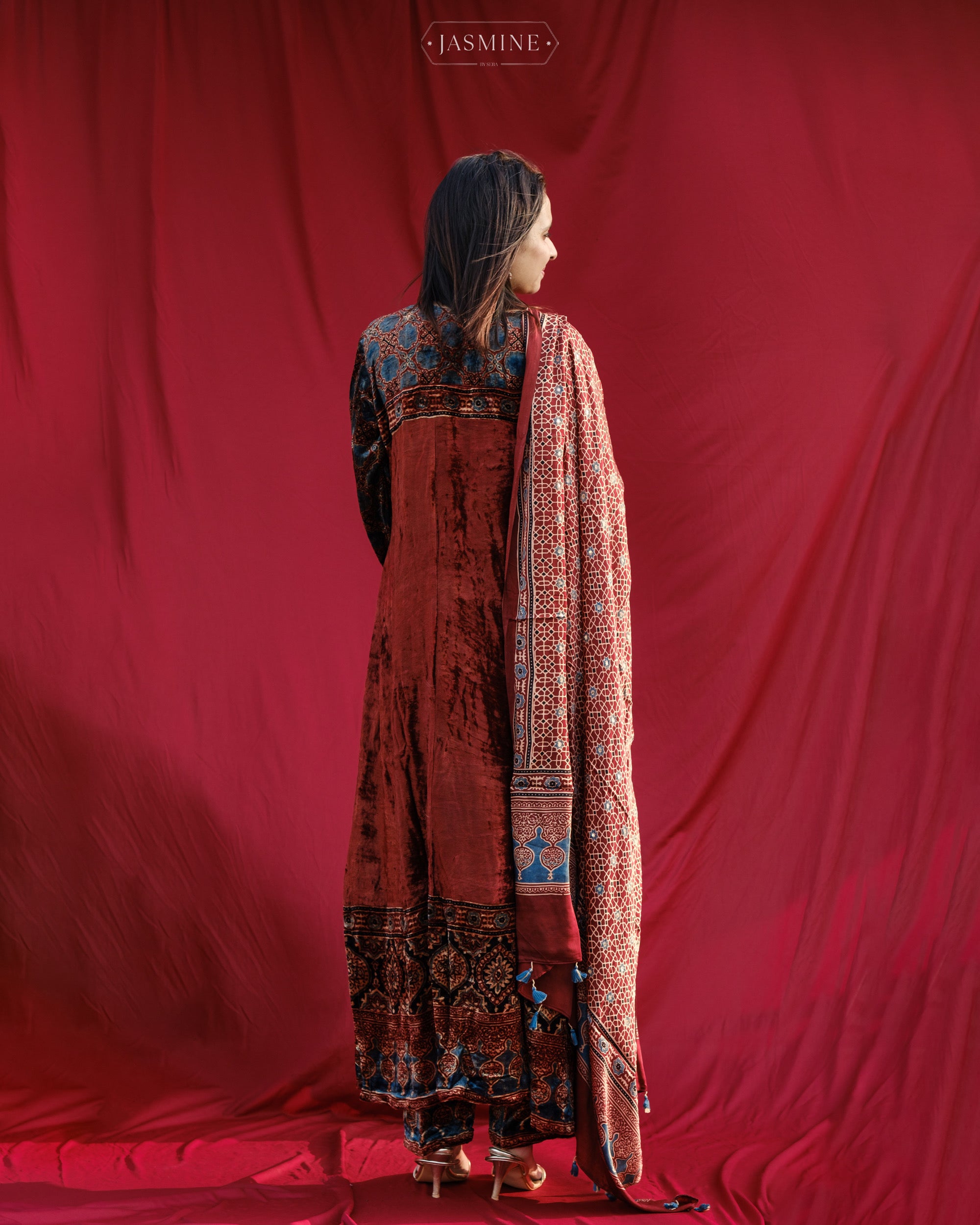 Ajrakh hand block printed velvet silk panel cut salwar set with cutbead handwork