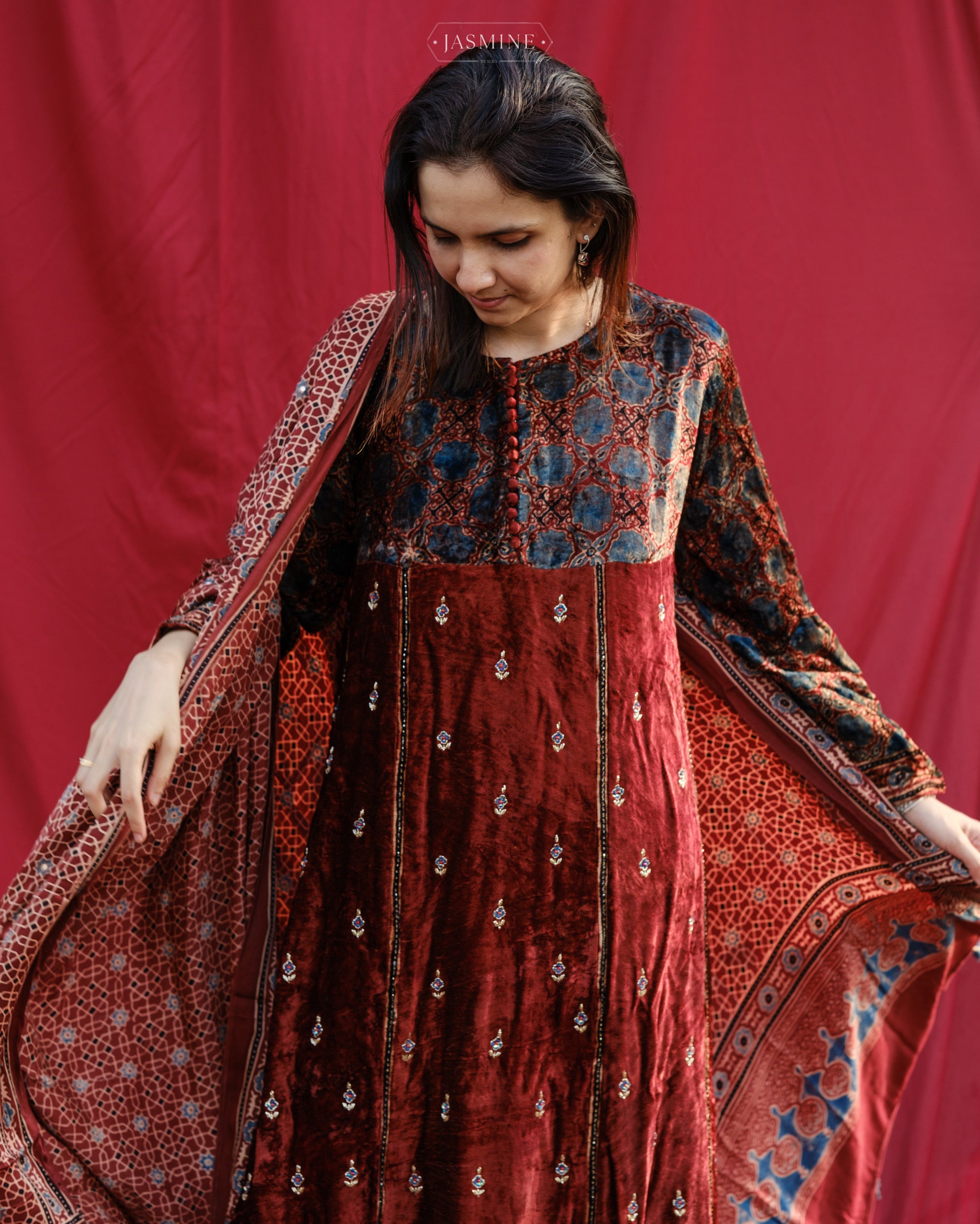 Ajrakh hand block printed velvet silk panel cut salwar set with cutbead handwork