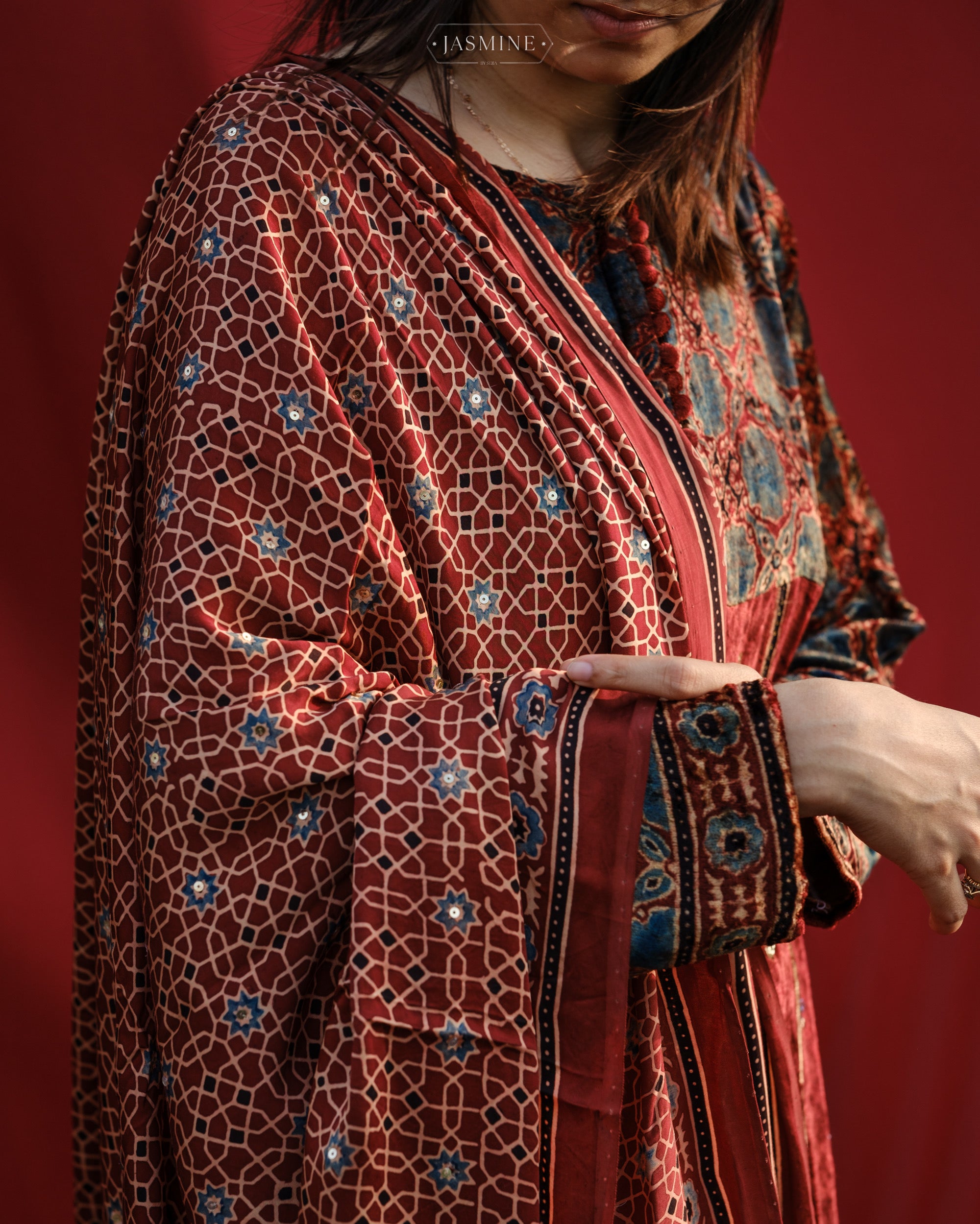 Ajrakh hand block printed velvet silk panel cut salwar set with cutbead handwork