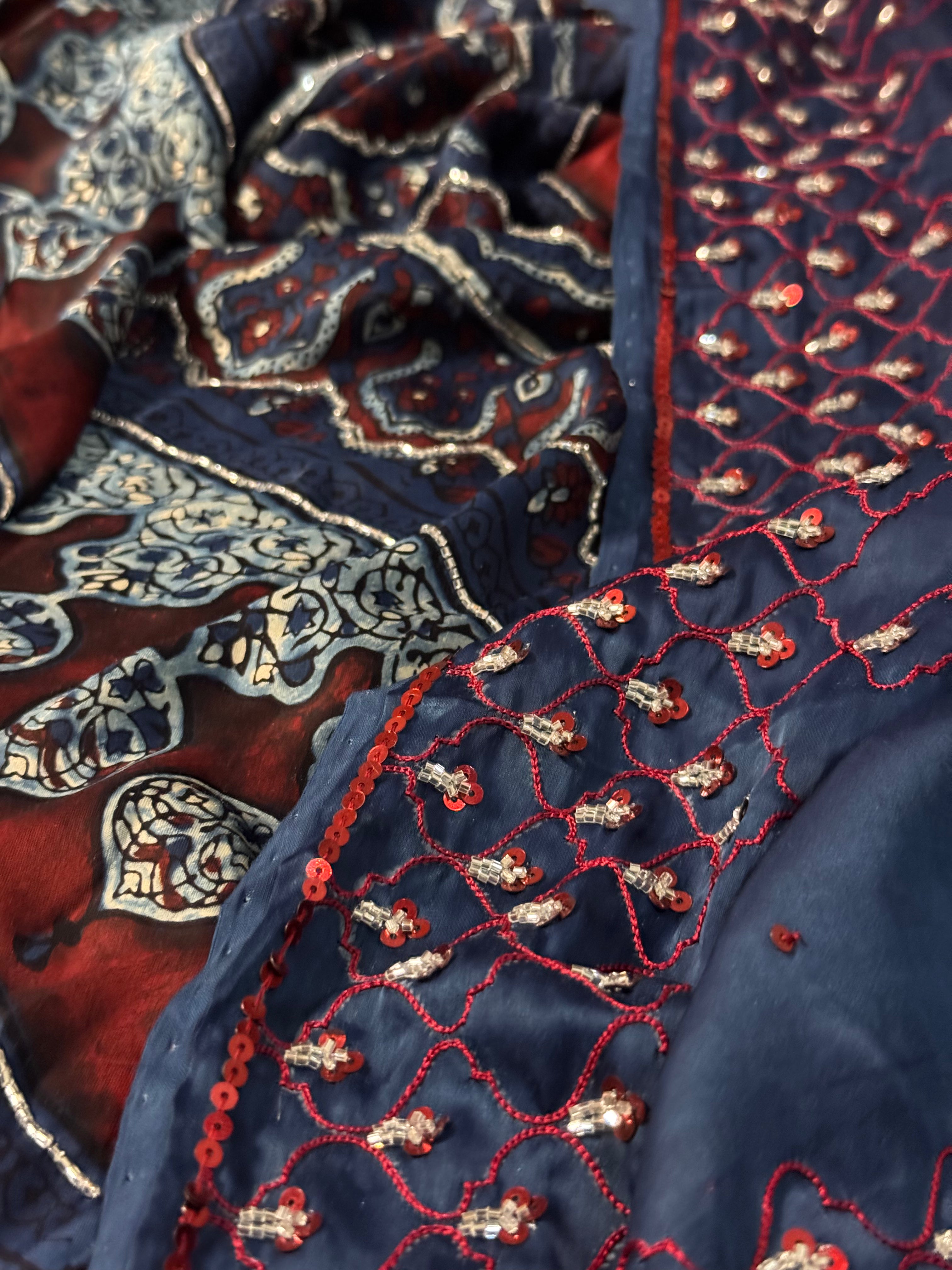 Ajrakh modal silk hand dyed and hand block printed handworked saree with modal silk handworked dupatta