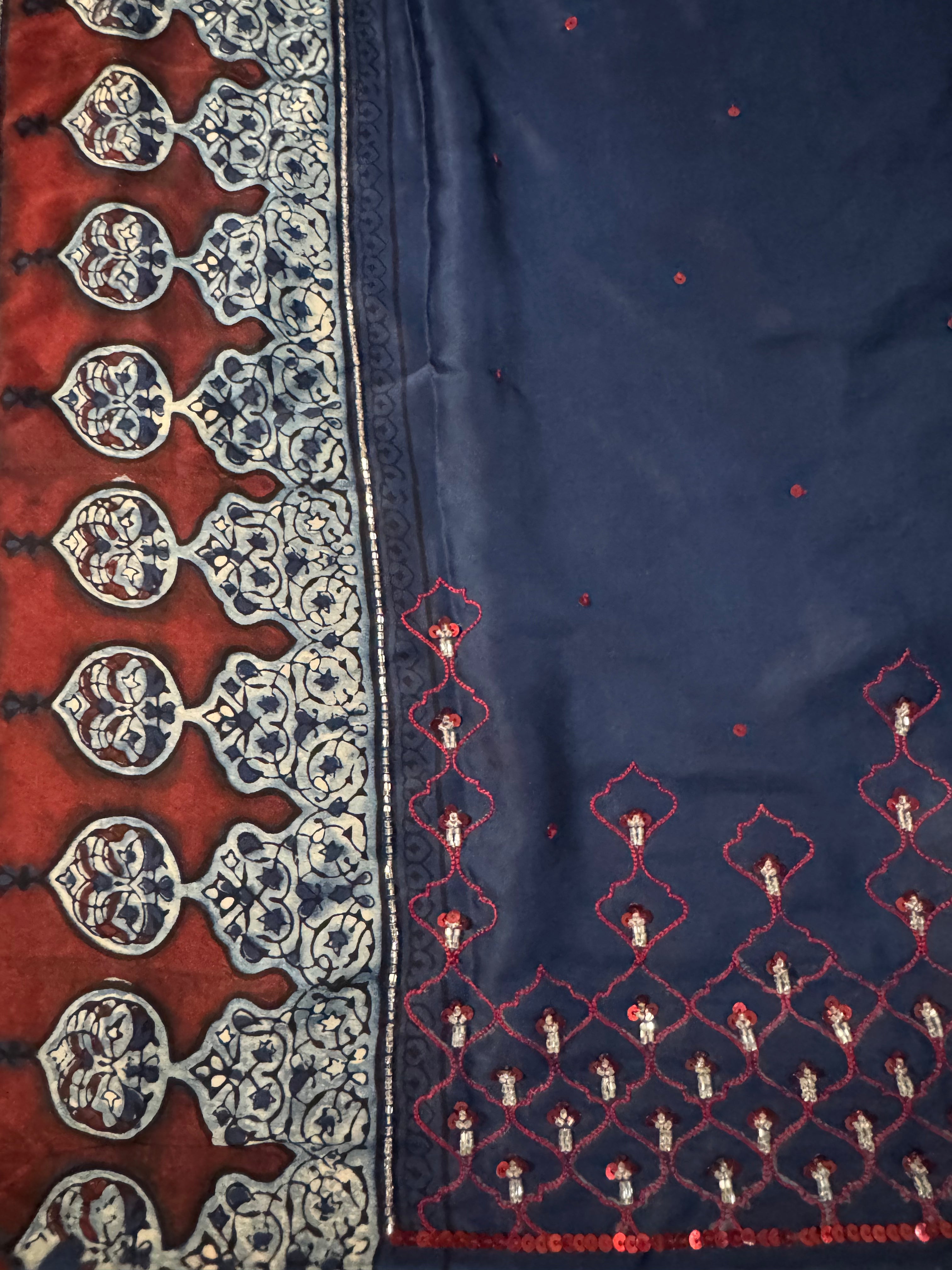 Ajrakh modal silk hand dyed and hand block printed handworked saree with modal silk handworked dupatta