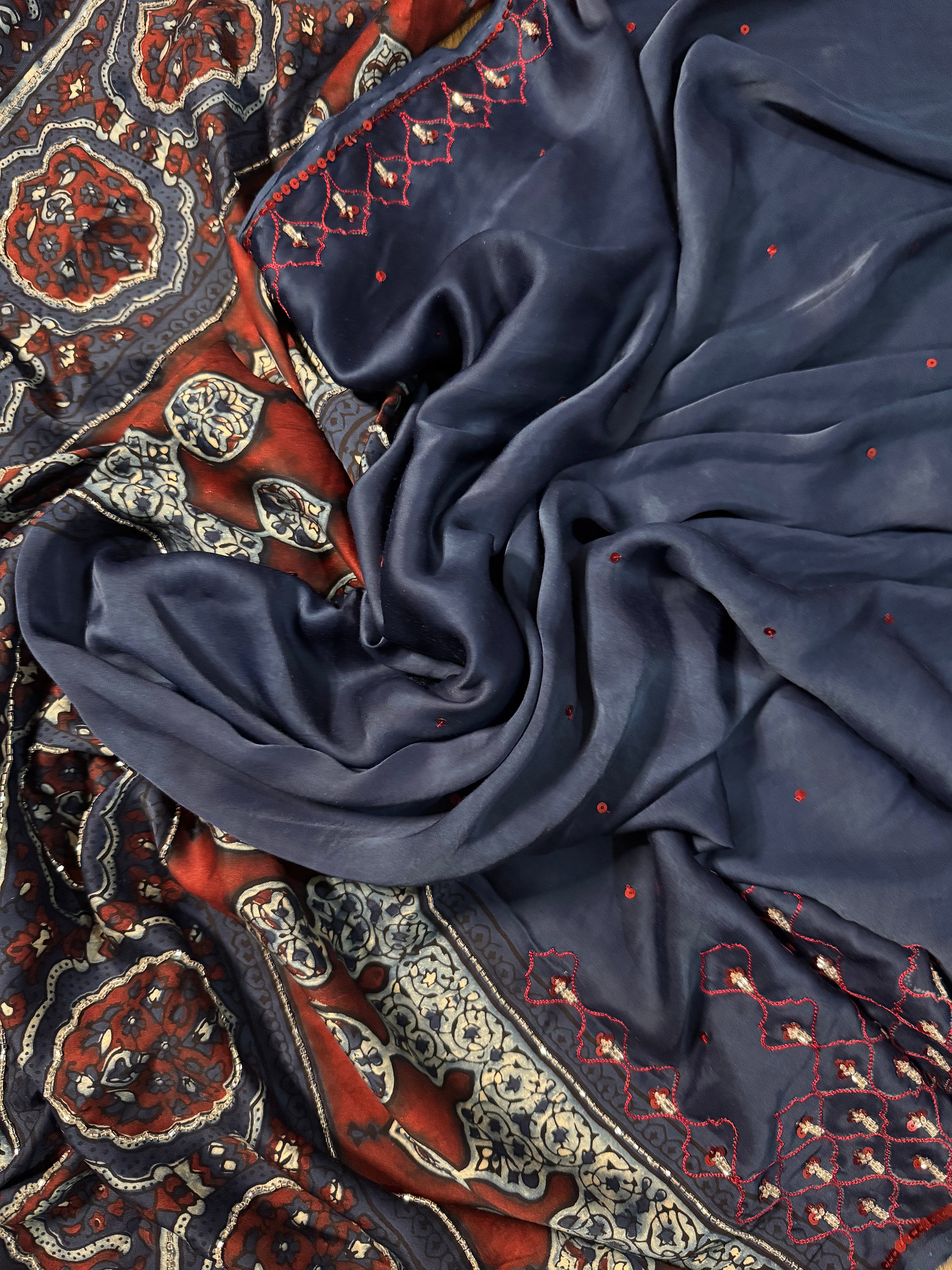 Ajrakh modal silk hand dyed and hand block printed handworked saree with modal silk handworked dupatta