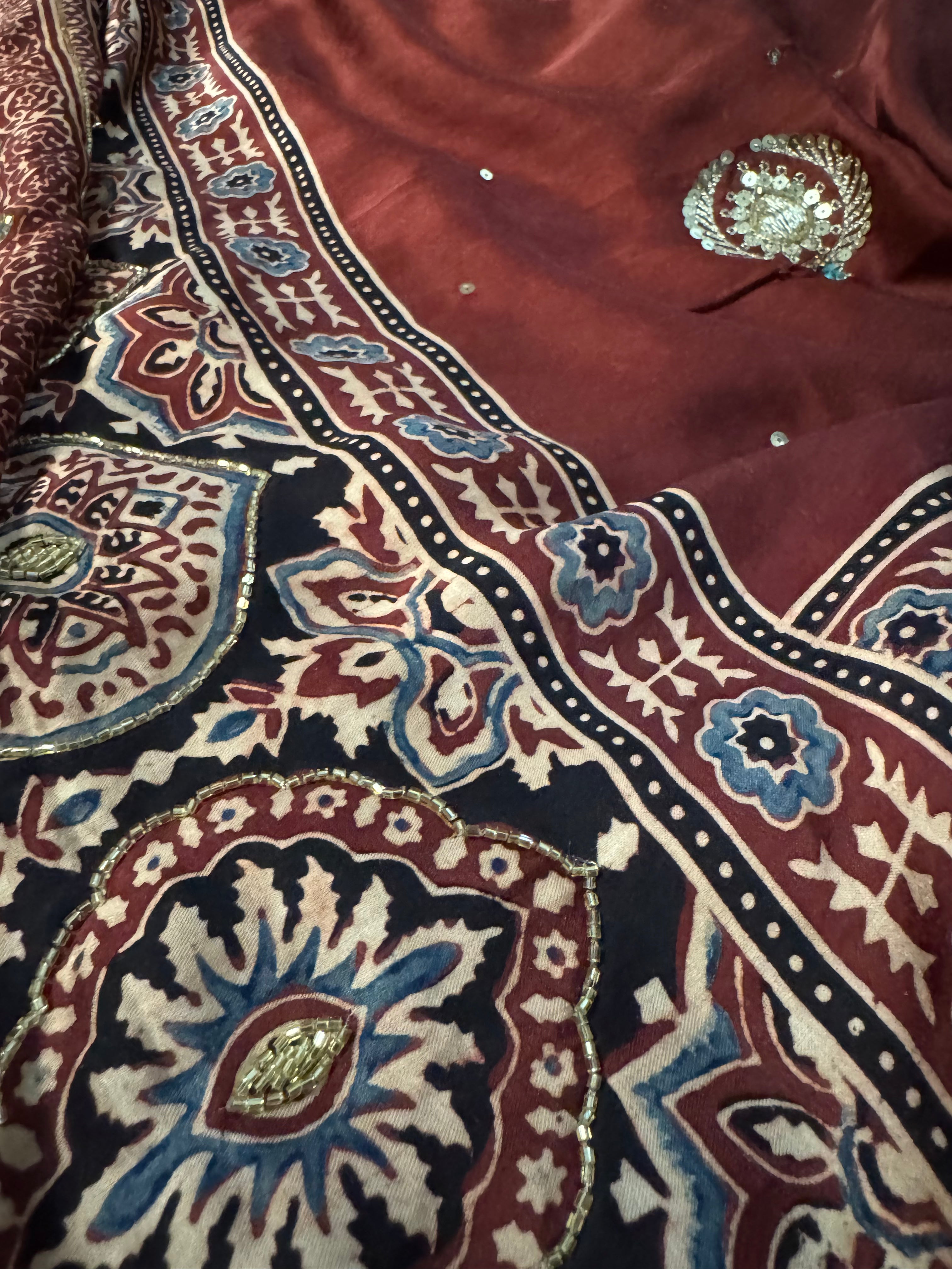 Ajrakh modal silk hand dyed and hand block printed handworked saree with modal silk handworked dupatta