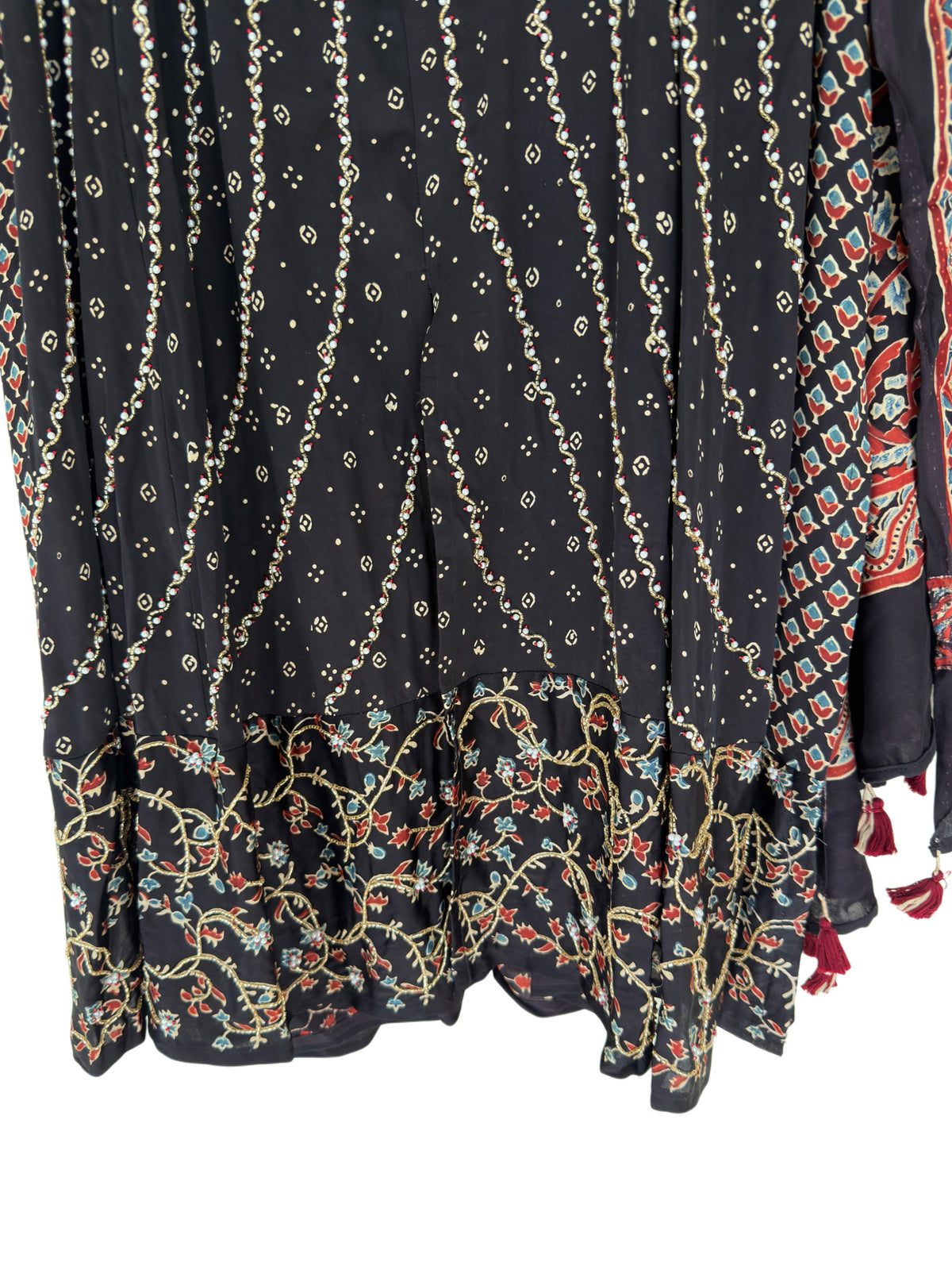 Bespoke ‘Jasmine’ hand block printed Ajrakh handcrafted modal silk panel cut salwar set with cut bead handwork