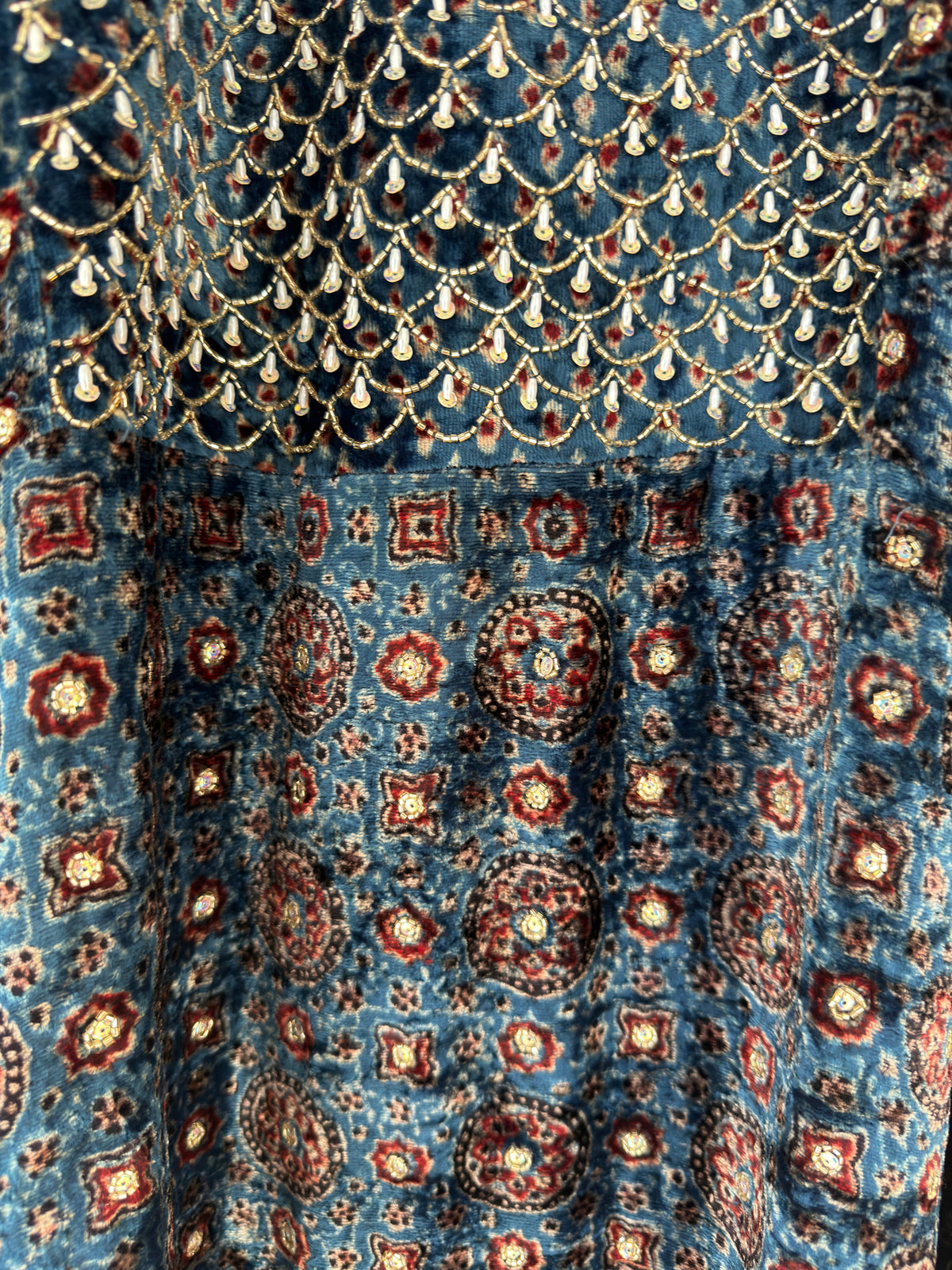 Ajrakh hand dyed hand block printed velvet silk panel cut salwar set with hand embroidry