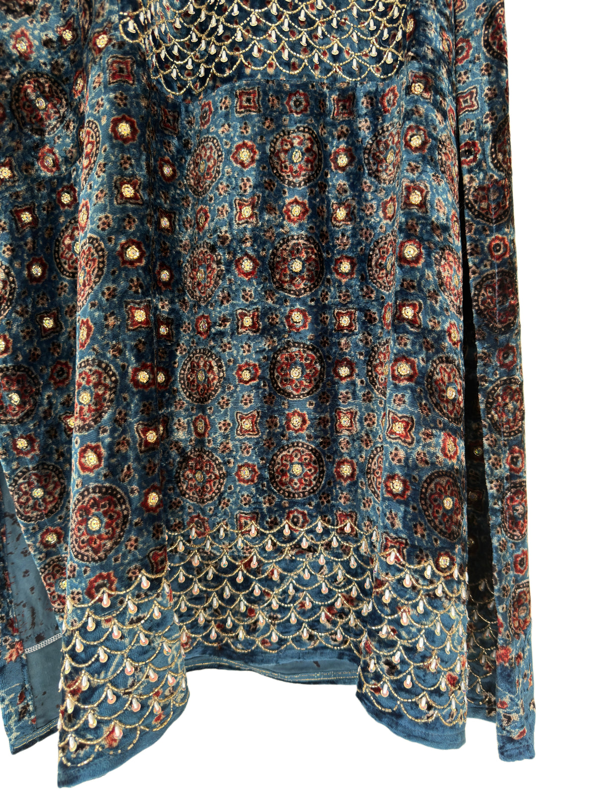 Ajrakh hand dyed hand block printed velvet silk panel cut salwar set with hand embroidry