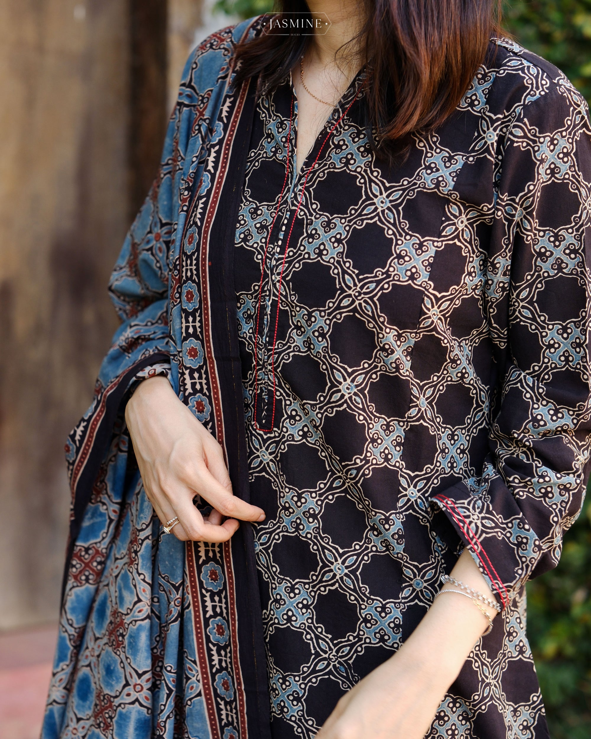 Ajrakh hand dyed and hand block printed premium cotton A line salwar set