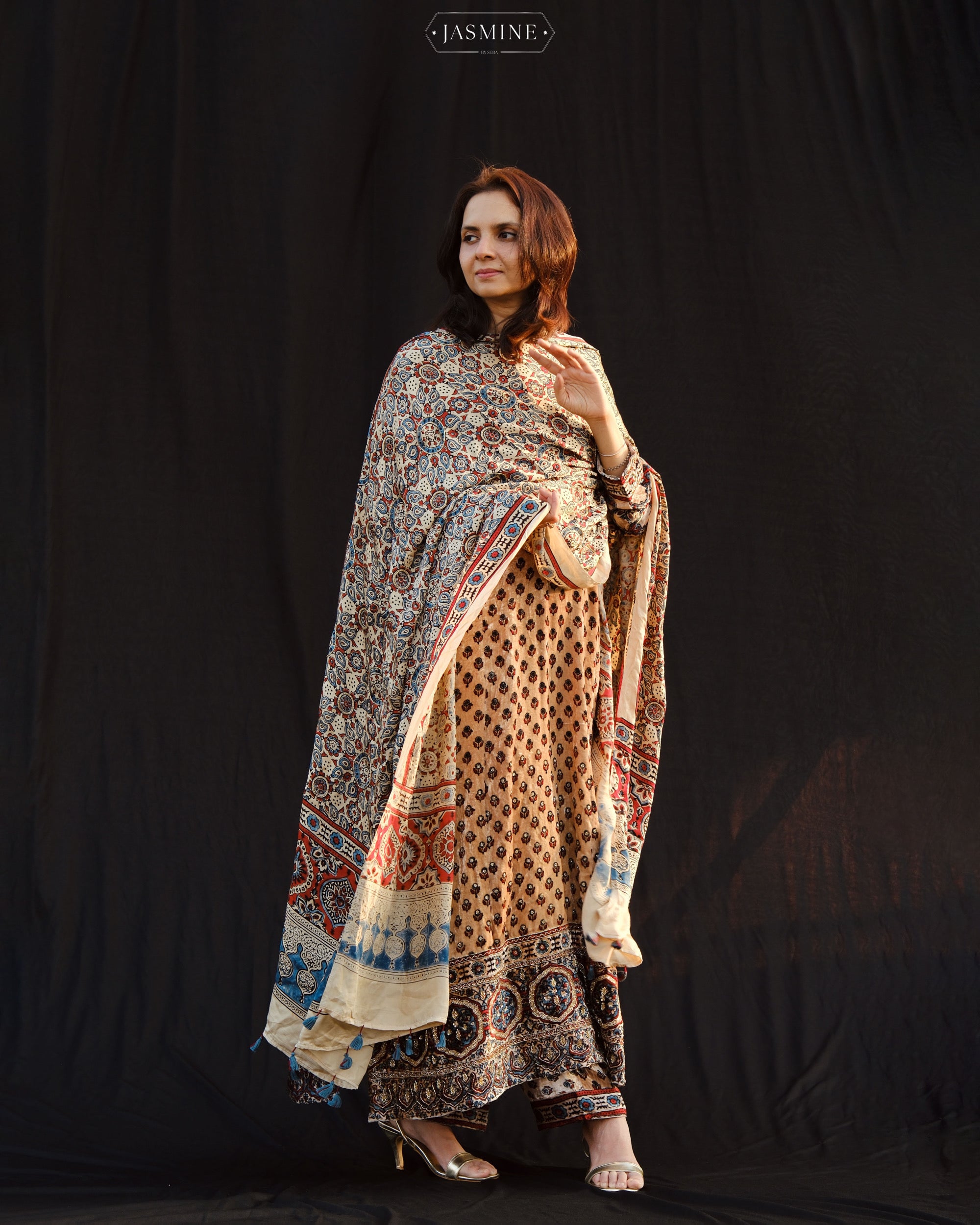 Ajrakh hand block printed velvet silk panel line salwar set with cutbead handwork