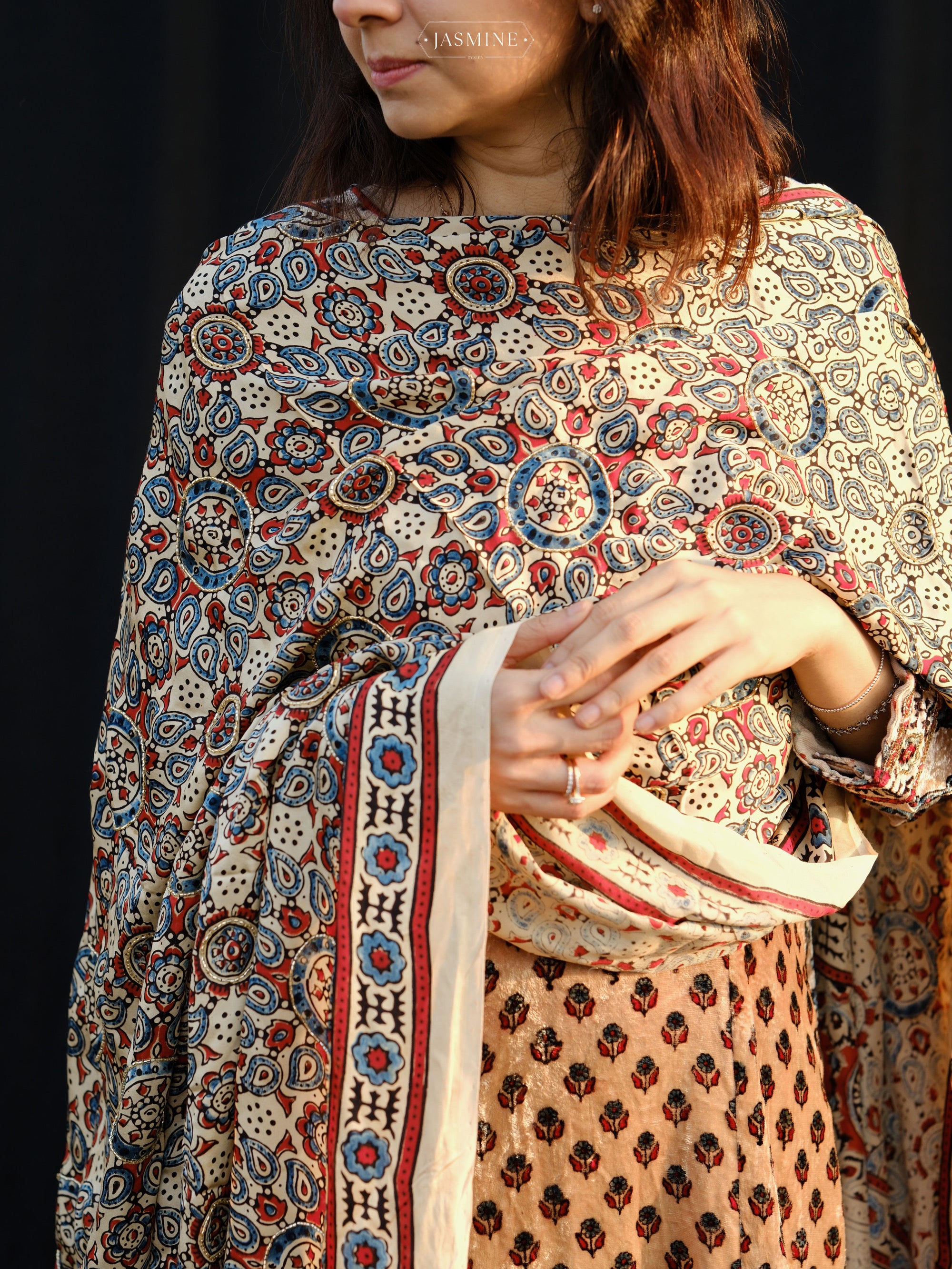 Ajrakh hand block printed velvet silk panel line salwar set with cutbead handwork