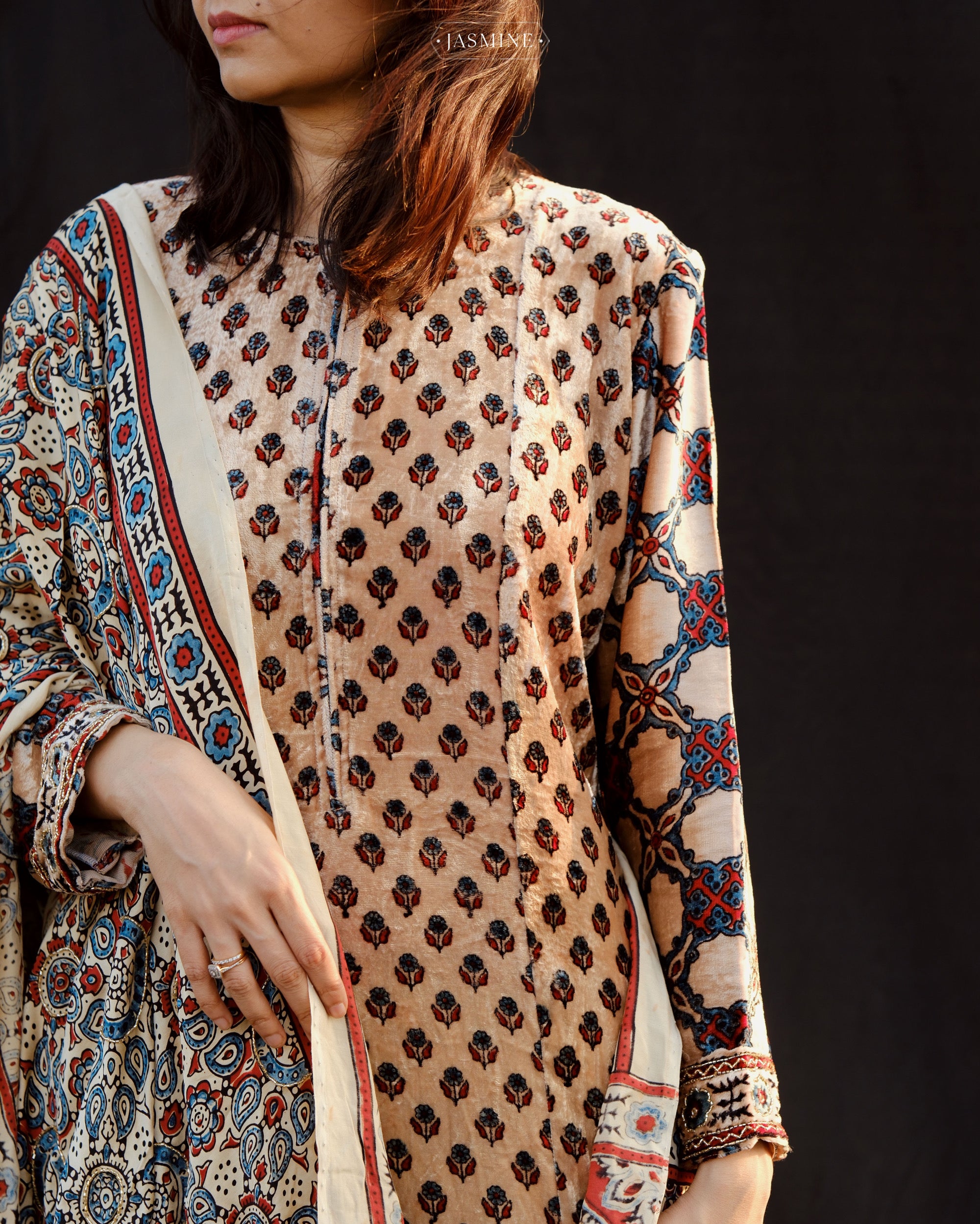 Ajrakh hand block printed velvet silk panel line salwar set with cutbead handwork