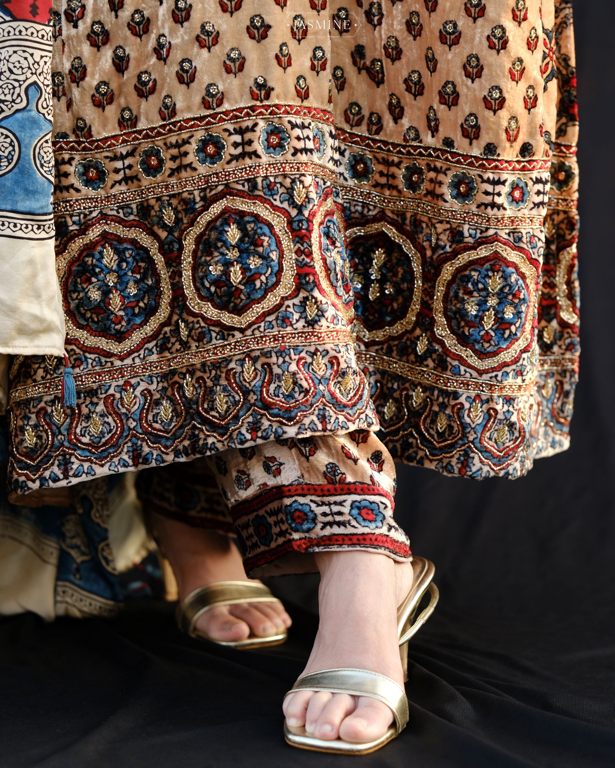 Ajrakh hand block printed velvet silk panel line salwar set with cutbead handwork