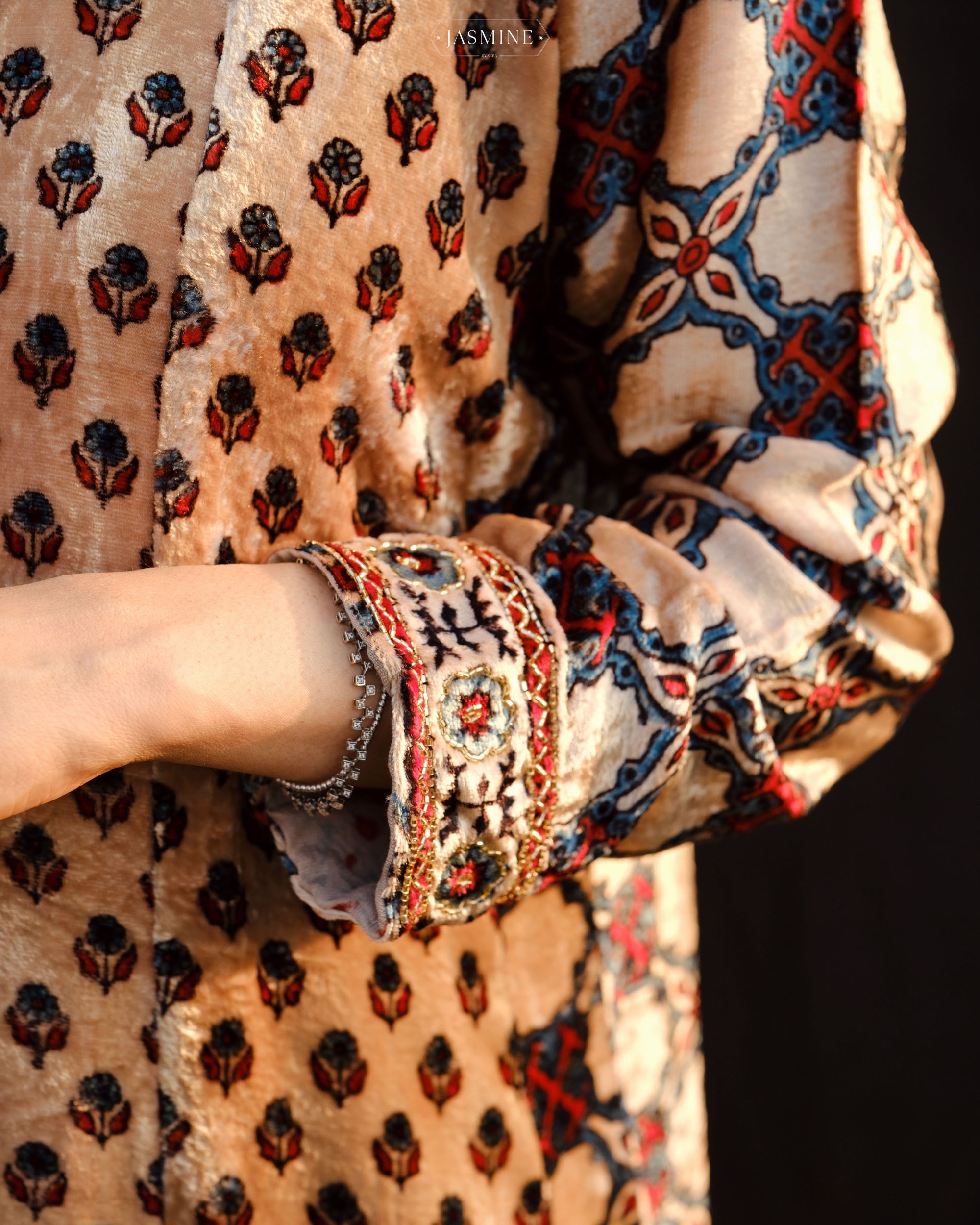 Ajrakh hand block printed velvet silk panel line salwar set with cutbead handwork