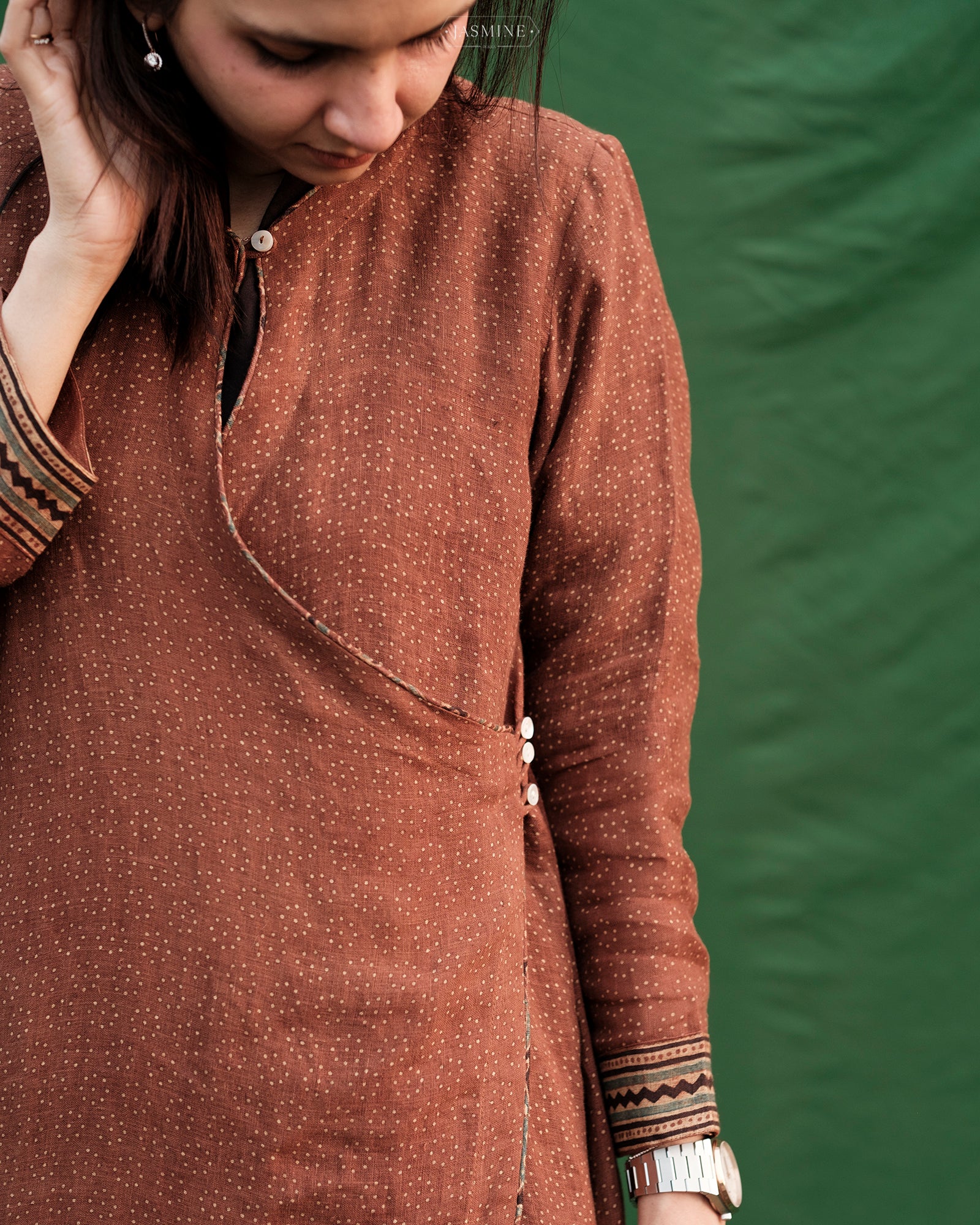 Ajrakh hand dyed and hand block printed pure linen wrap around top