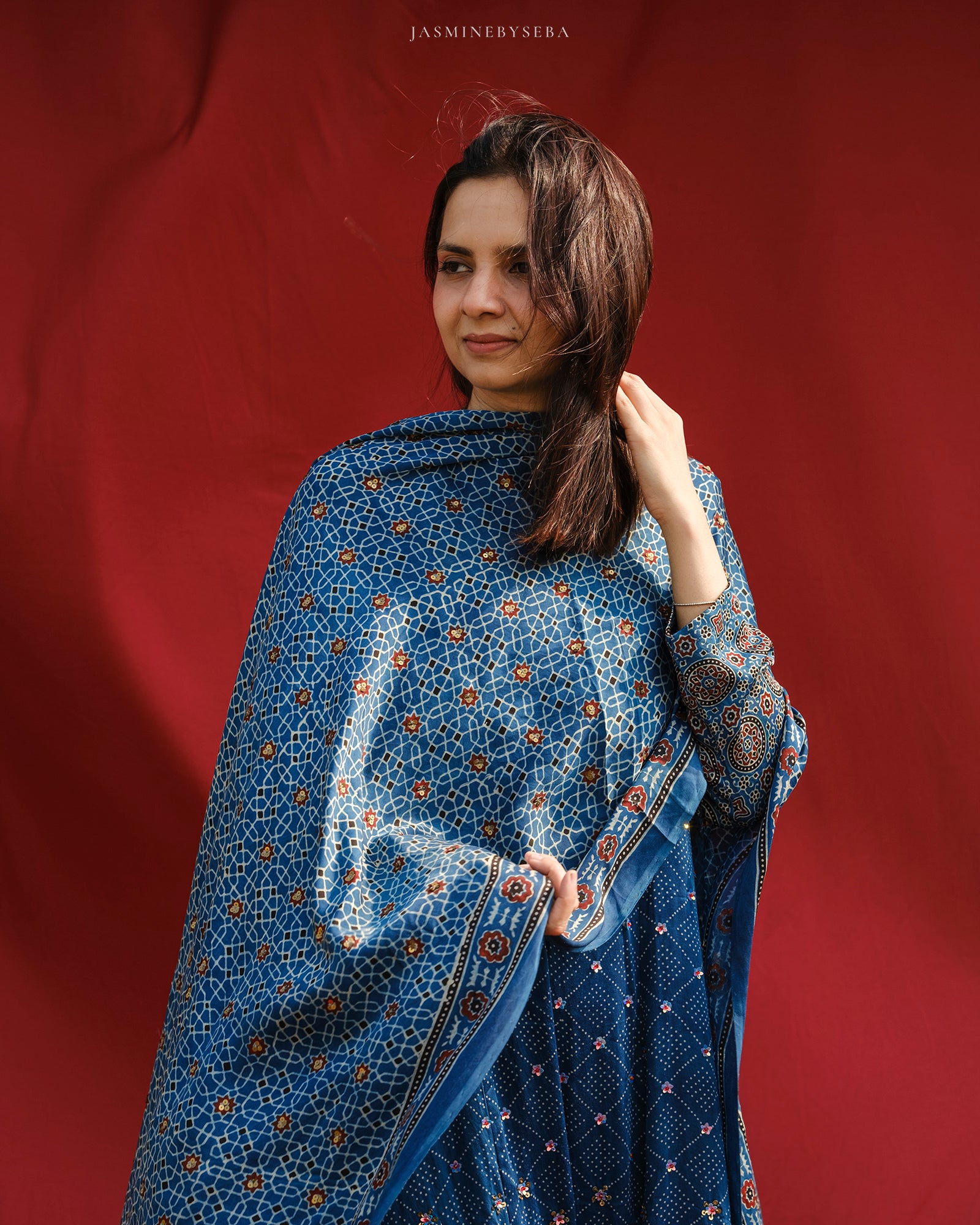 Ajrakh hand dyed hand block printed modal silk panel cut Anarkali set with cut bead handwork