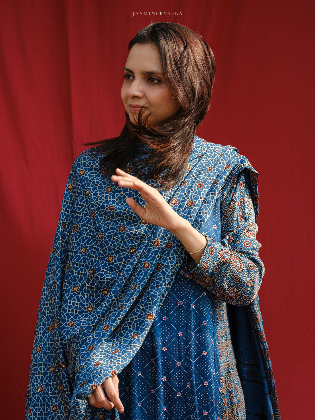 Ajrakh hand dyed hand block printed modal silk panel cut Anarkali set with cut bead handwork