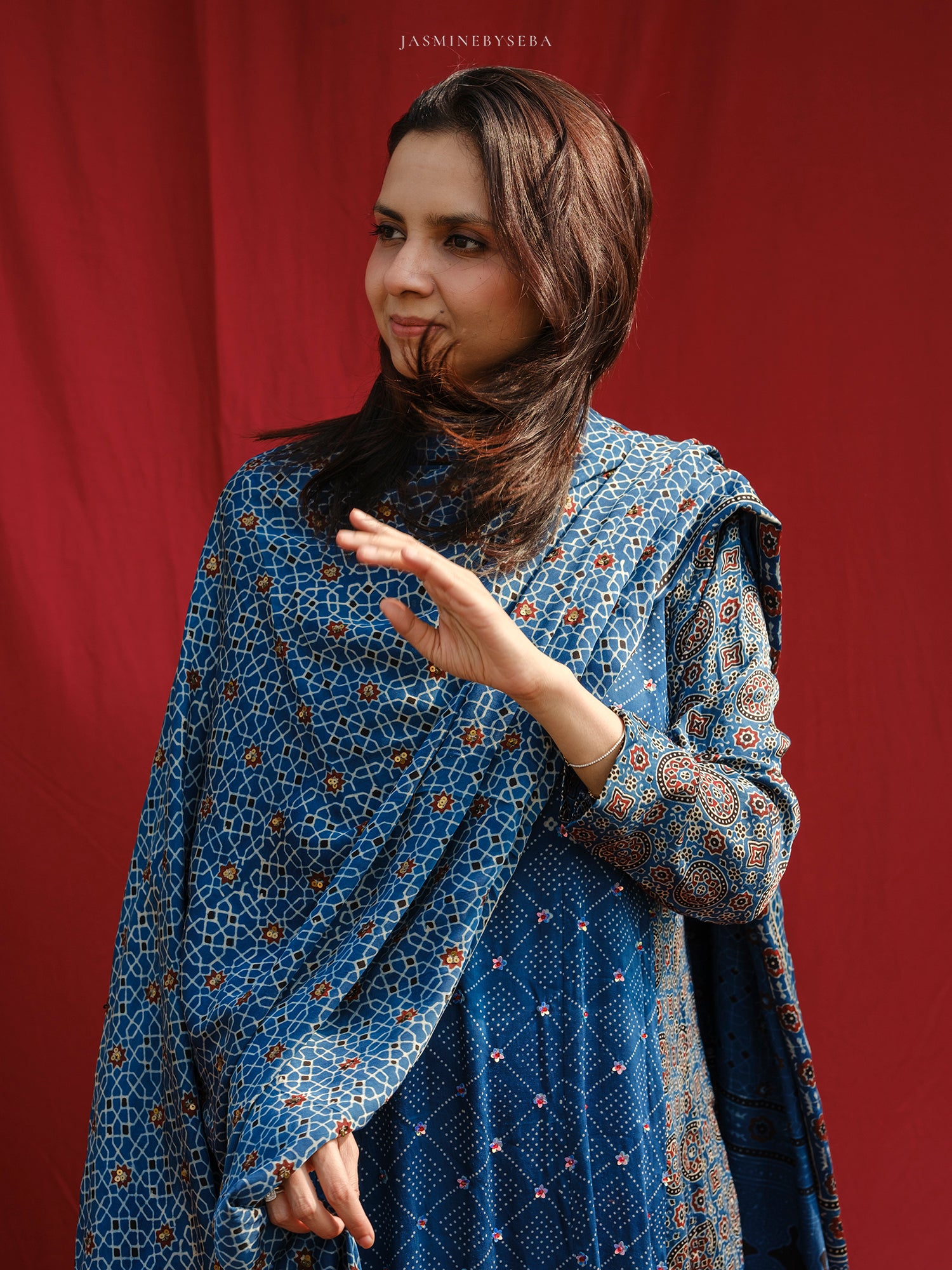 Ajrakh hand dyed hand block printed modal silk panel cut Anarkali set with cut bead handwork