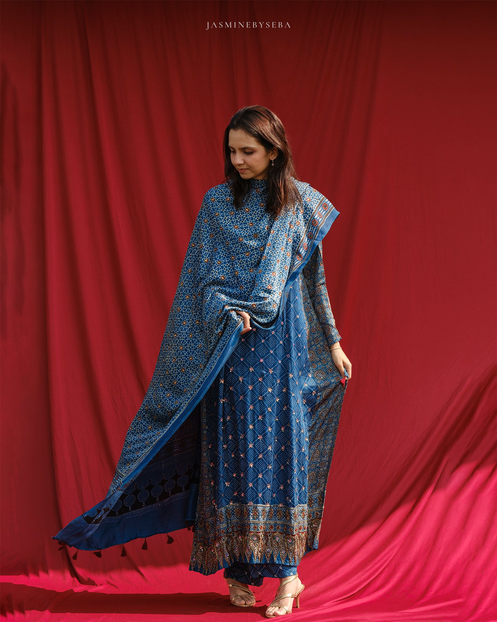 Ajrakh hand dyed hand block printed modal silk panel cut Anarkali set with cut bead handwork