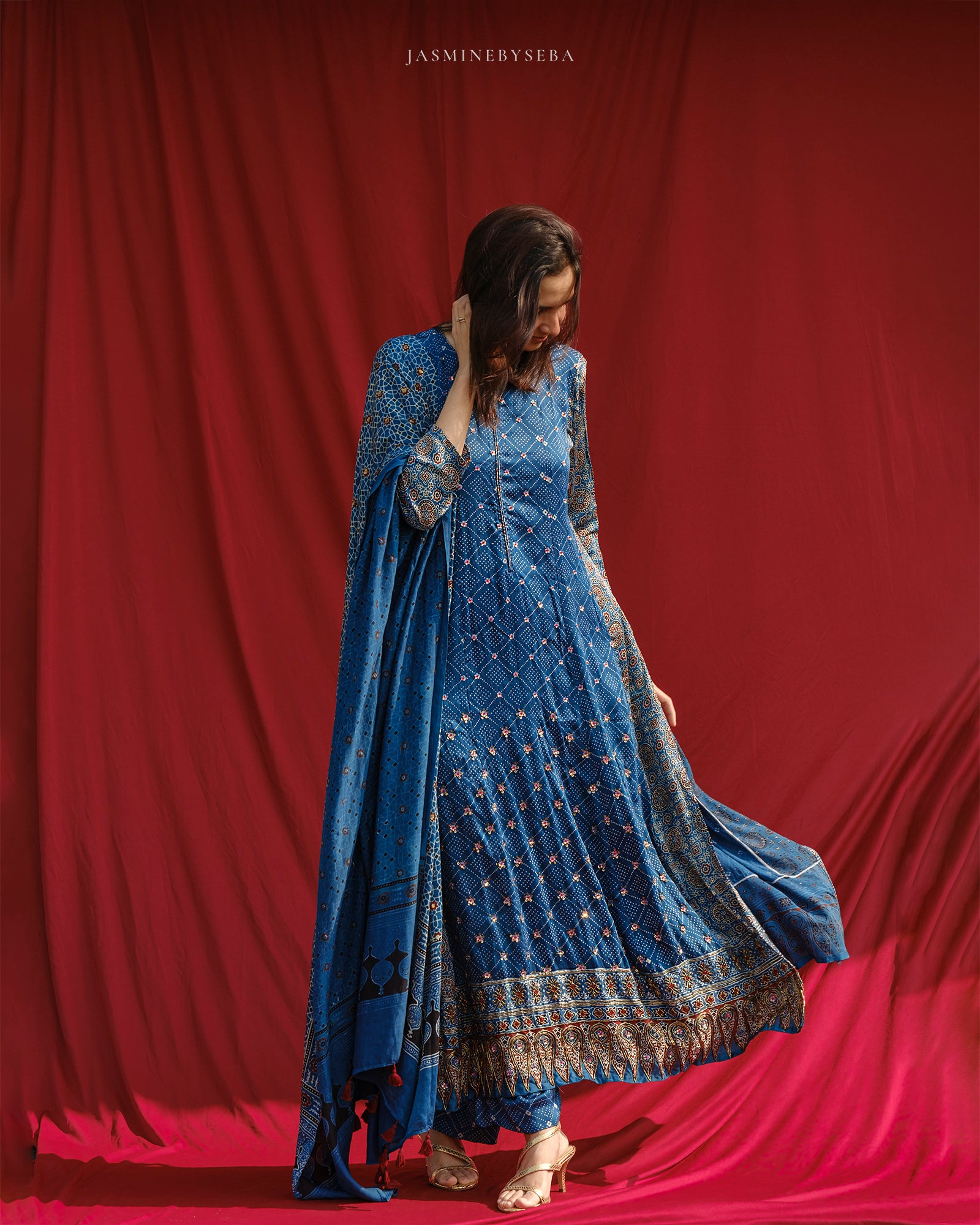 Ajrakh hand dyed hand block printed modal silk panel cut Anarkali set with cut bead handwork