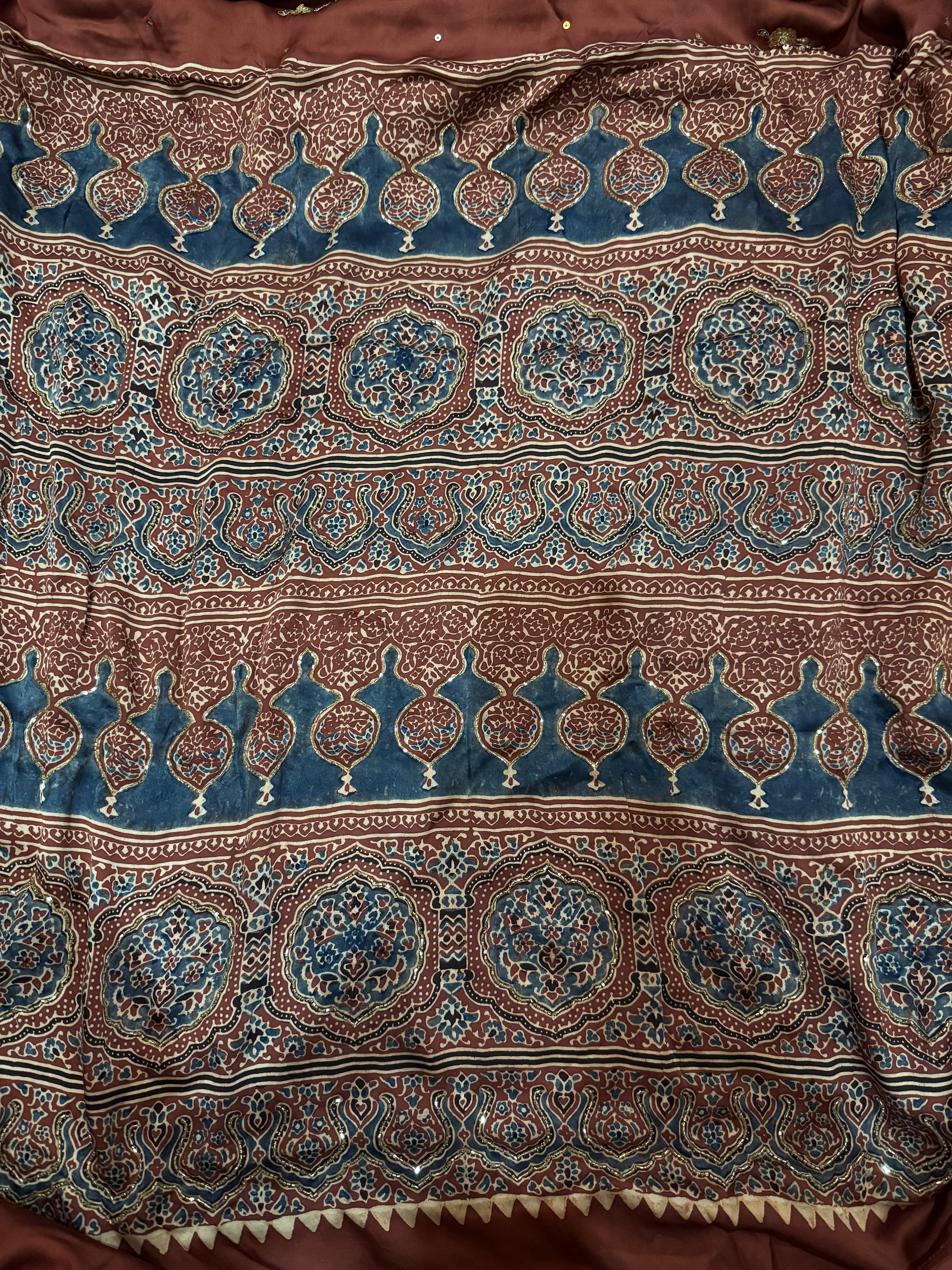 Ajrakh modal silk handworked saree with modal silk handworked dupatta