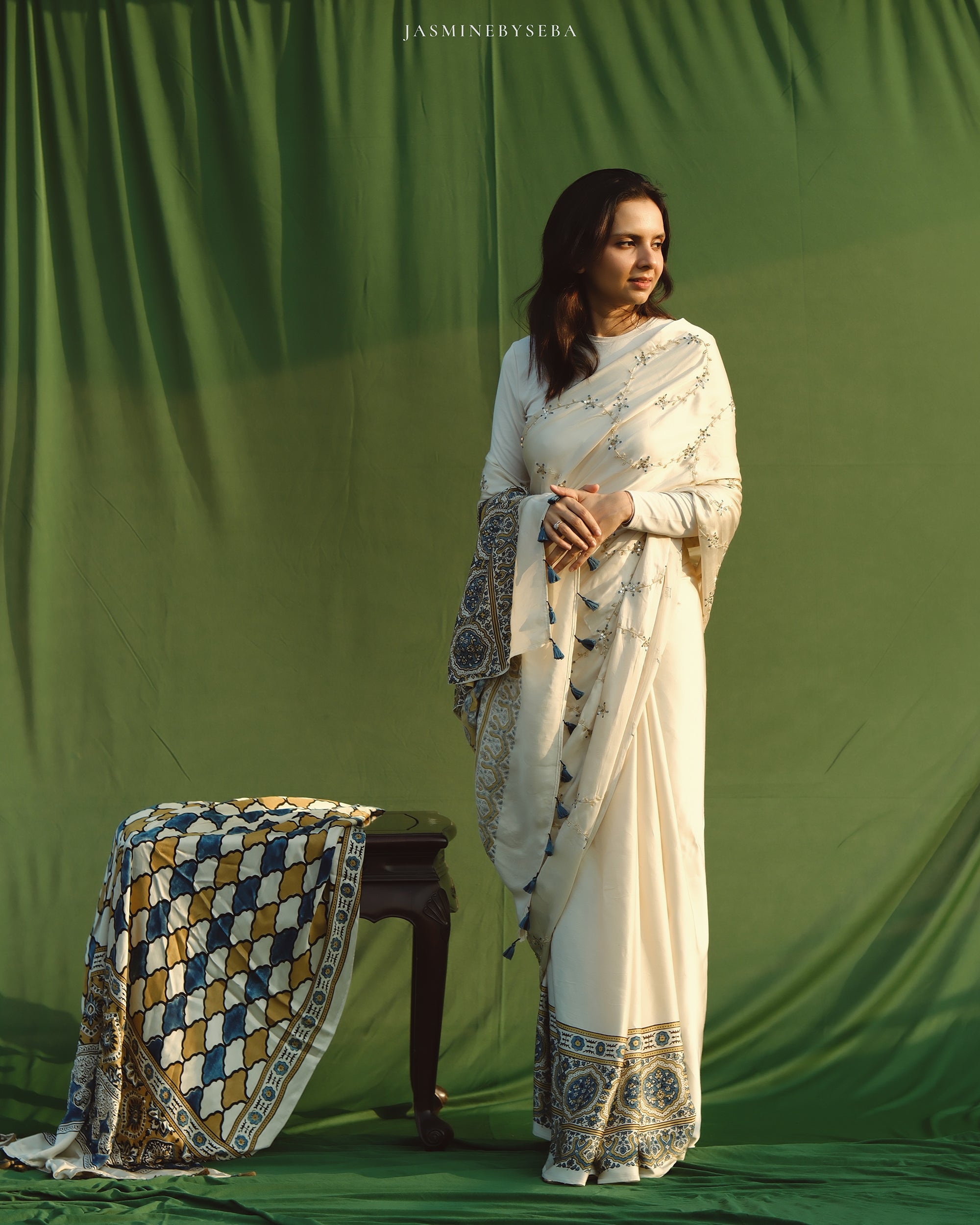 Ajrakh modal silk hand dyed, hand block printed and handworked saree
