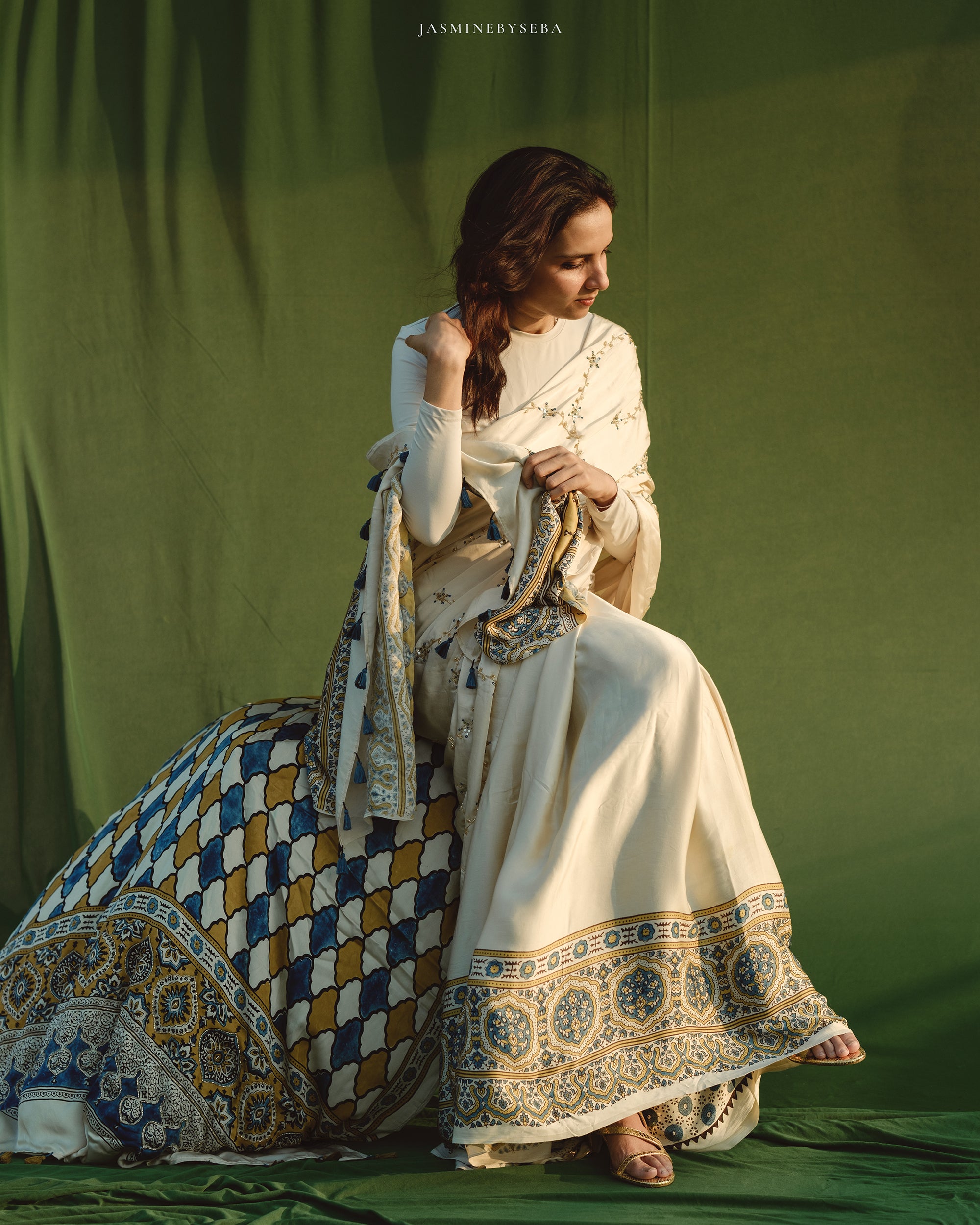 Ajrakh modal silk hand dyed, hand block printed and handworked saree