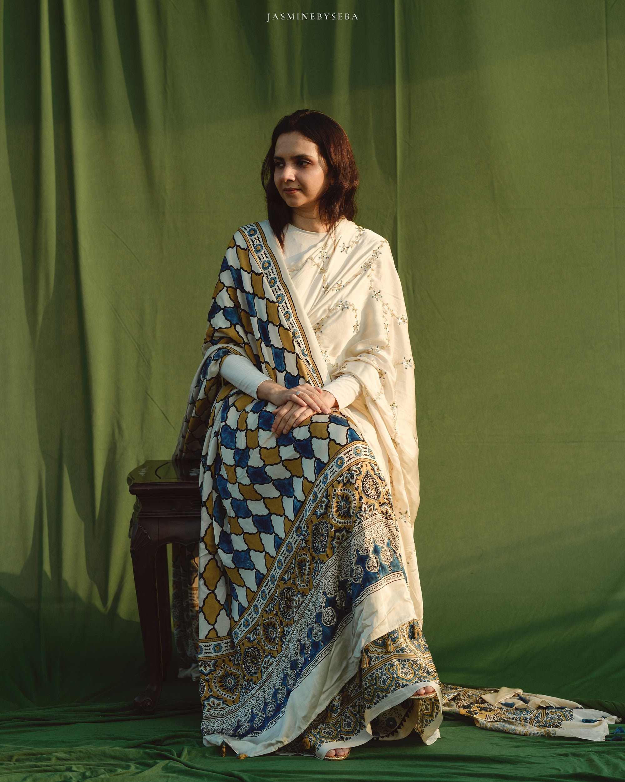 Ajrakh modal silk hand dyed, hand block printed and handworked saree
