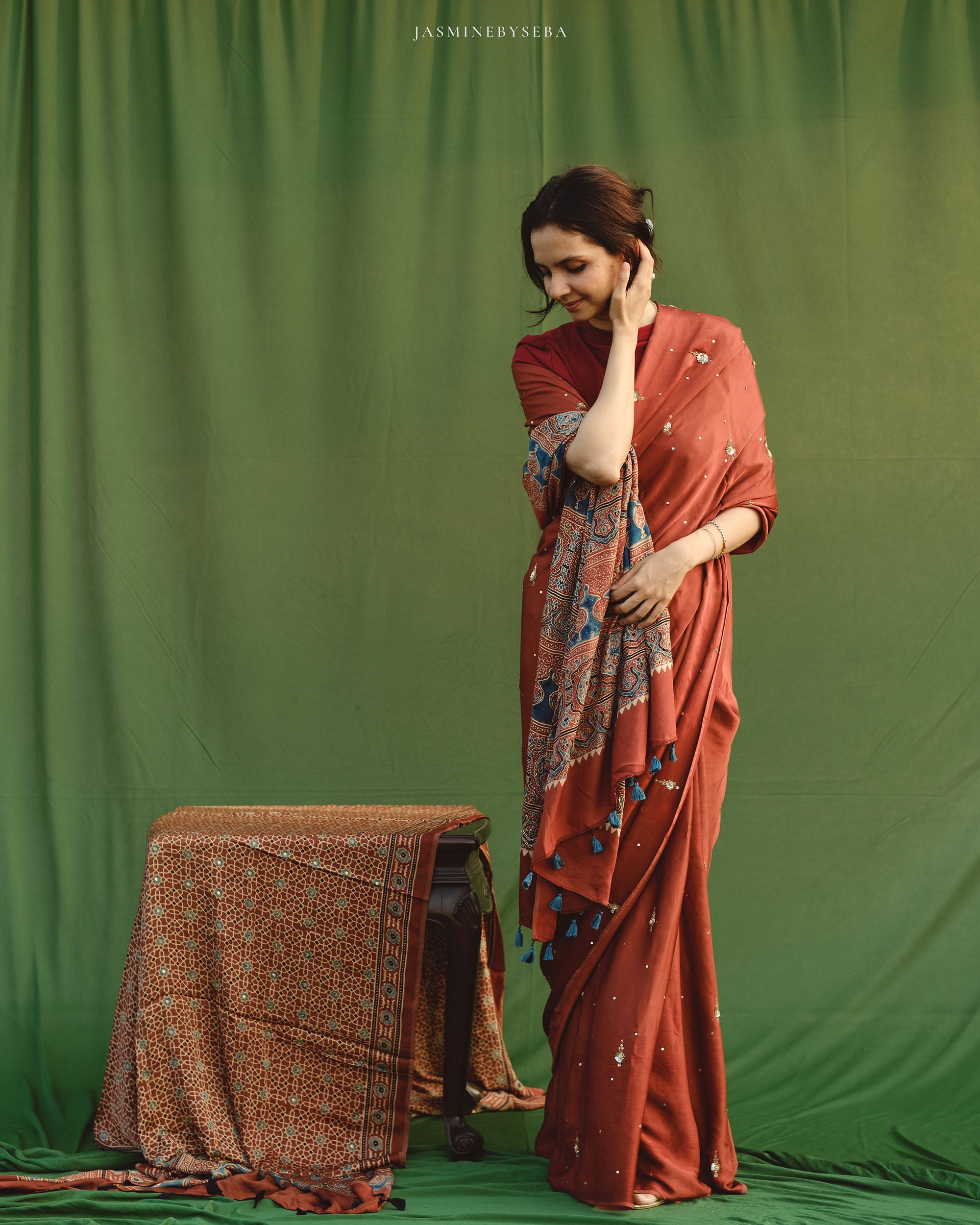 Ajrakh modal silk handworked saree with modal silk handworked dupatta