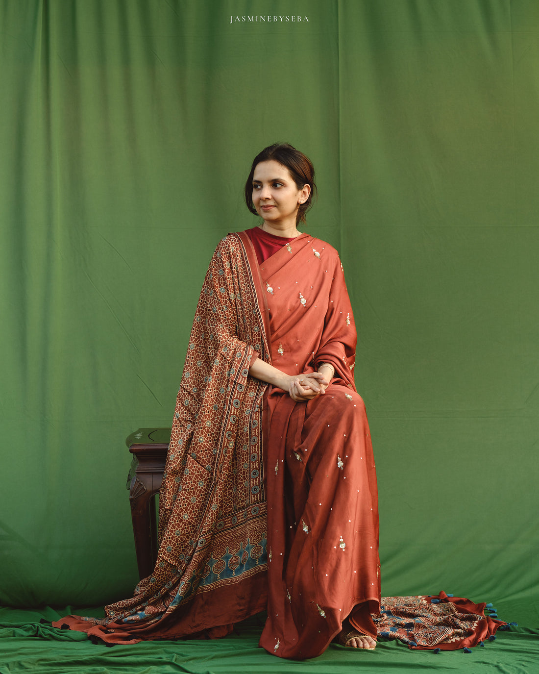 Ajrakh modal silk handworked saree with modal silk handworked dupatta