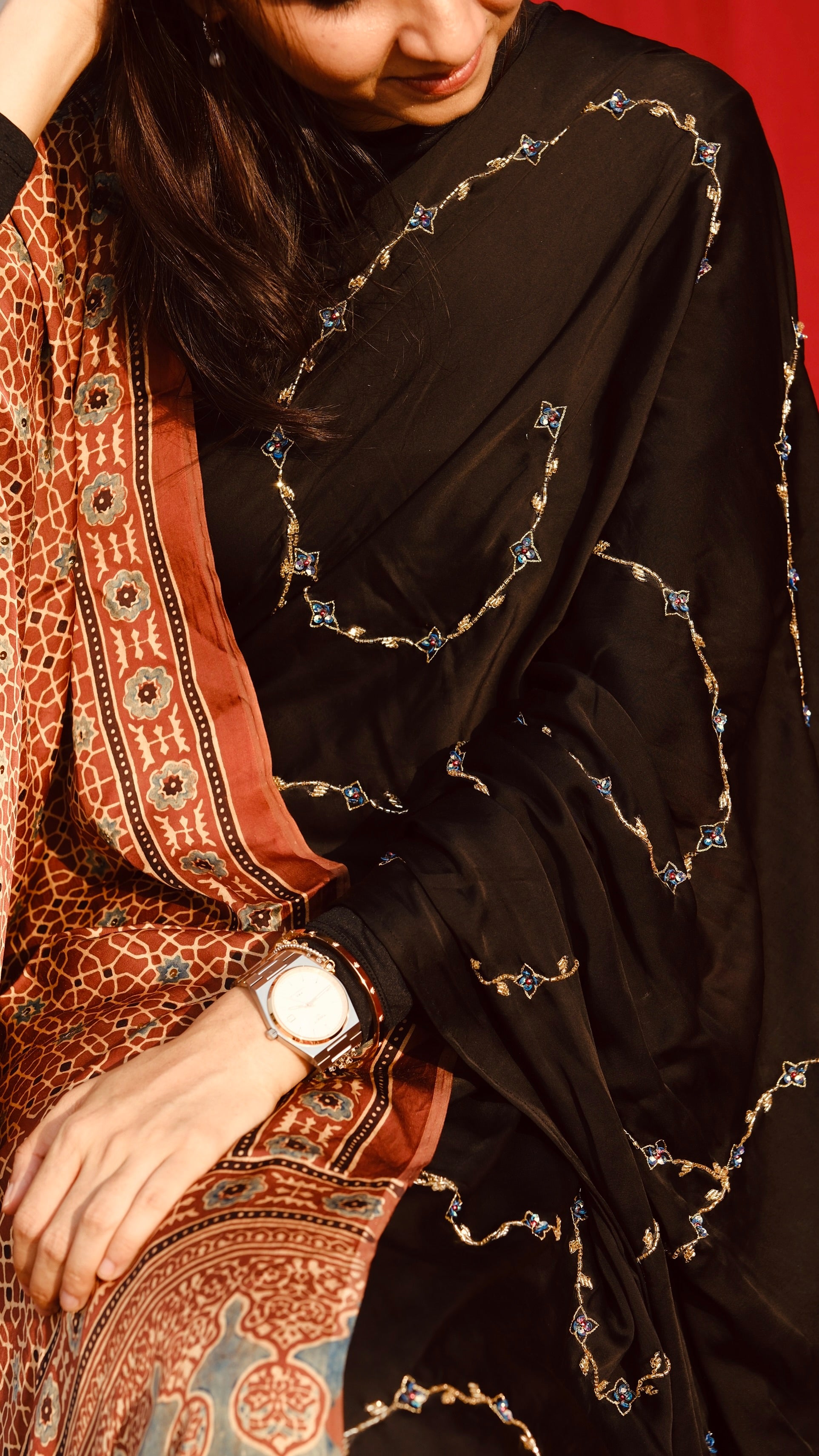 Ajrakh modal silk handworked saree with modal silk handworked dupatta