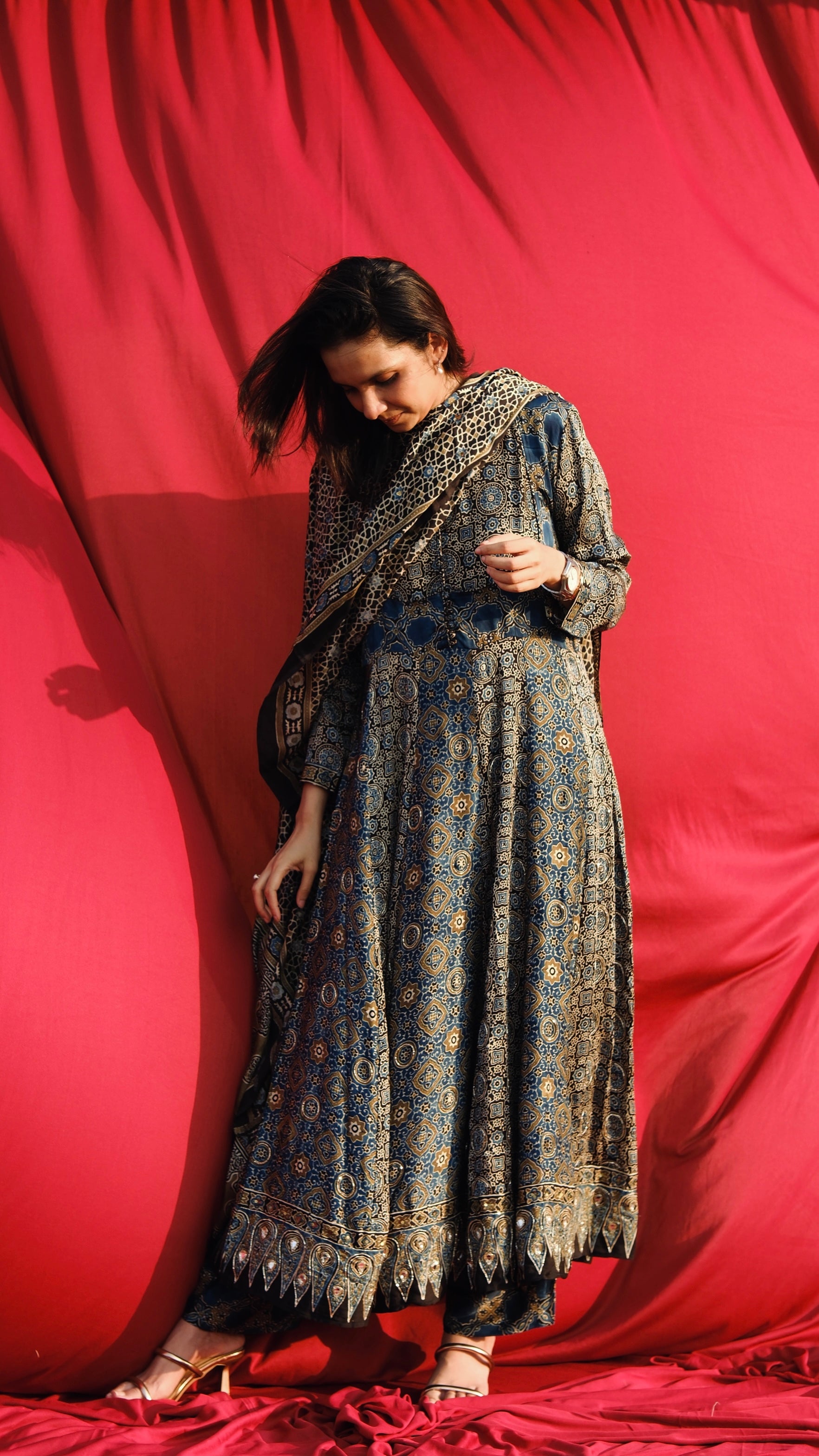 Ajrakh hand dyed hand block printed modal silk panel cut anarkali set with cut bead handwork