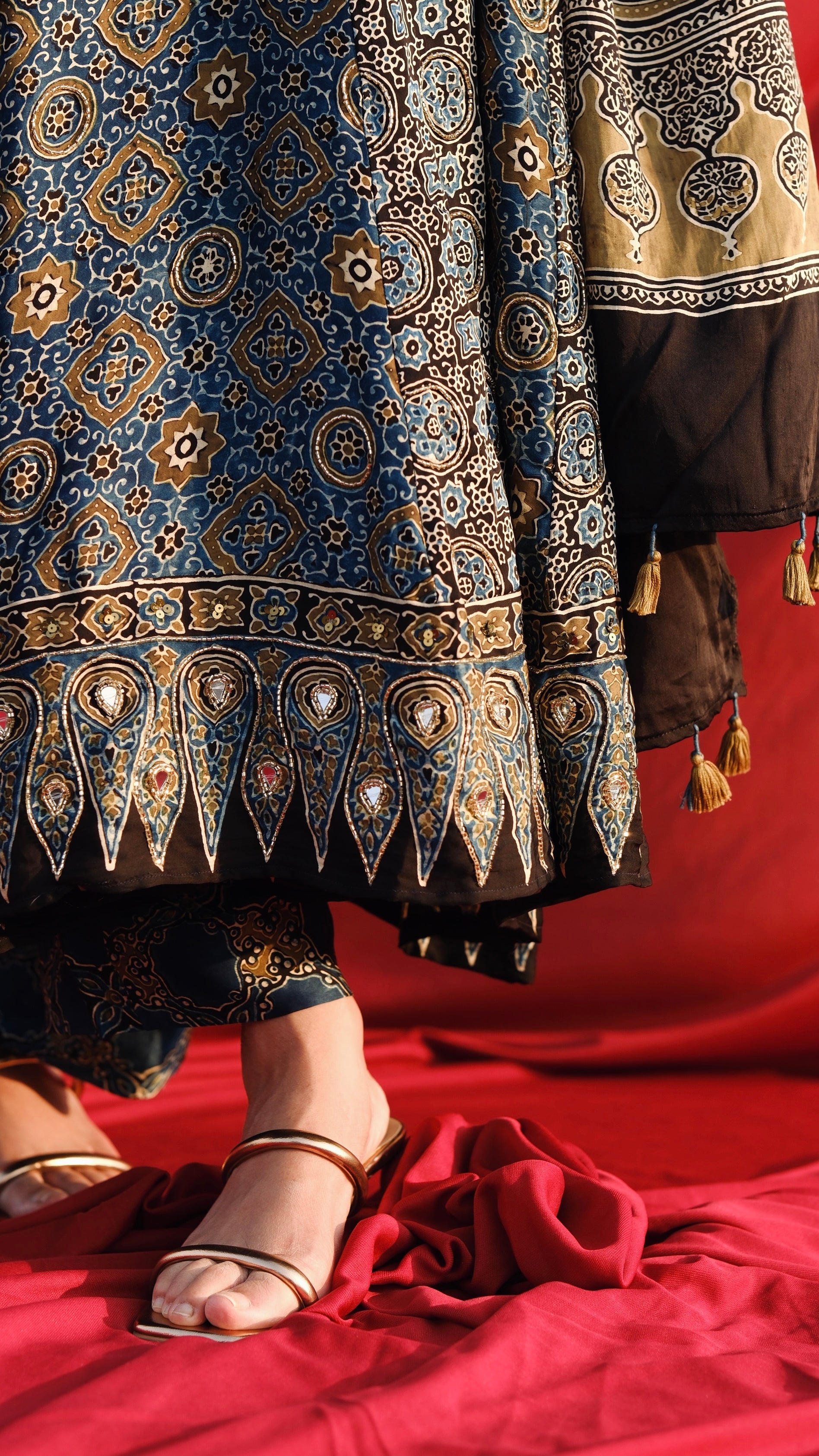 Ajrakh hand dyed hand block printed modal silk panel cut anarkali set with cut bead handwork