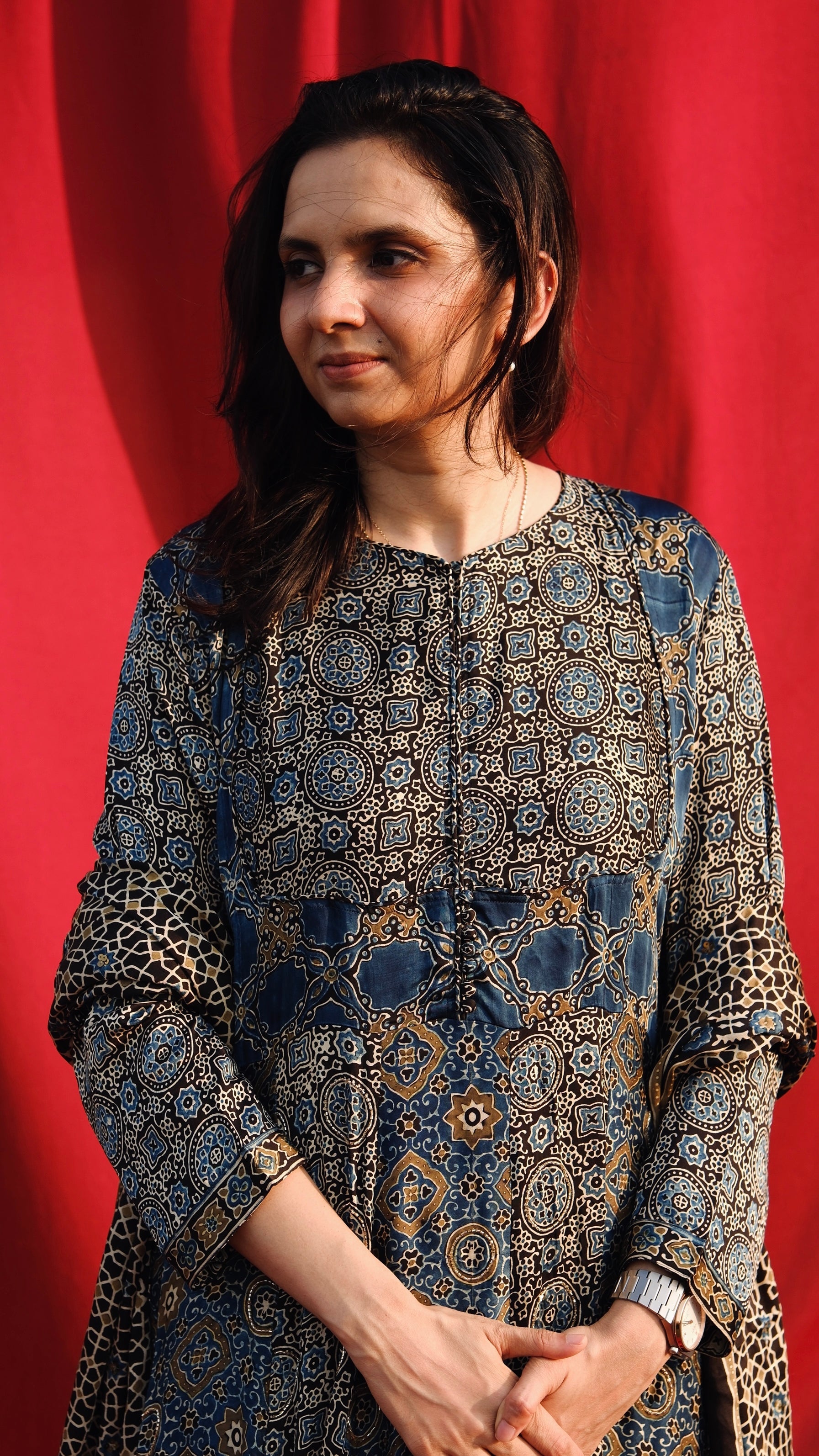 Ajrakh hand dyed hand block printed modal silk panel cut anarkali set with cut bead handwork