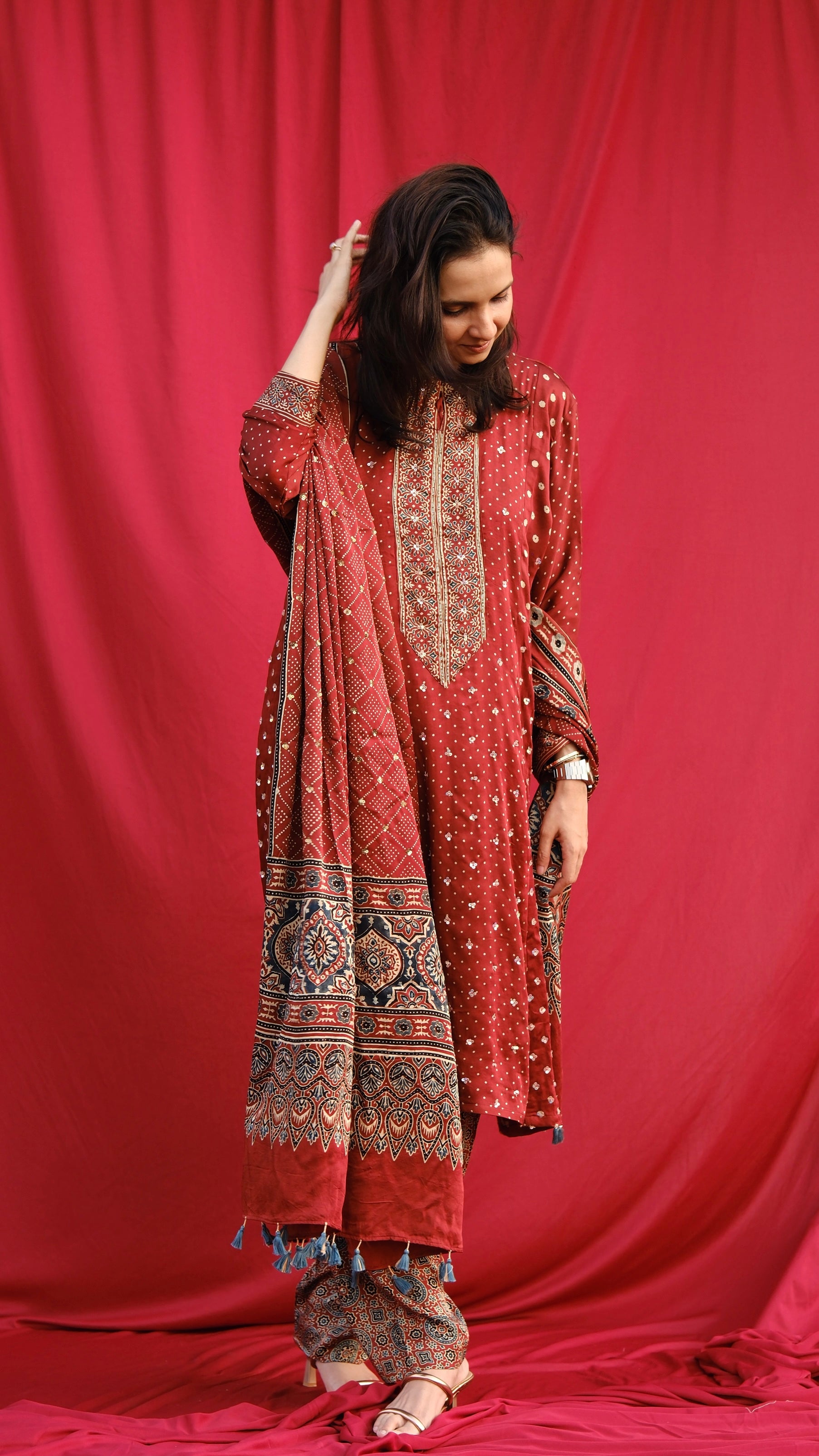 Ajrakh hand dyed hand block printed modal silk panel cut salwar set with cut bead handwork