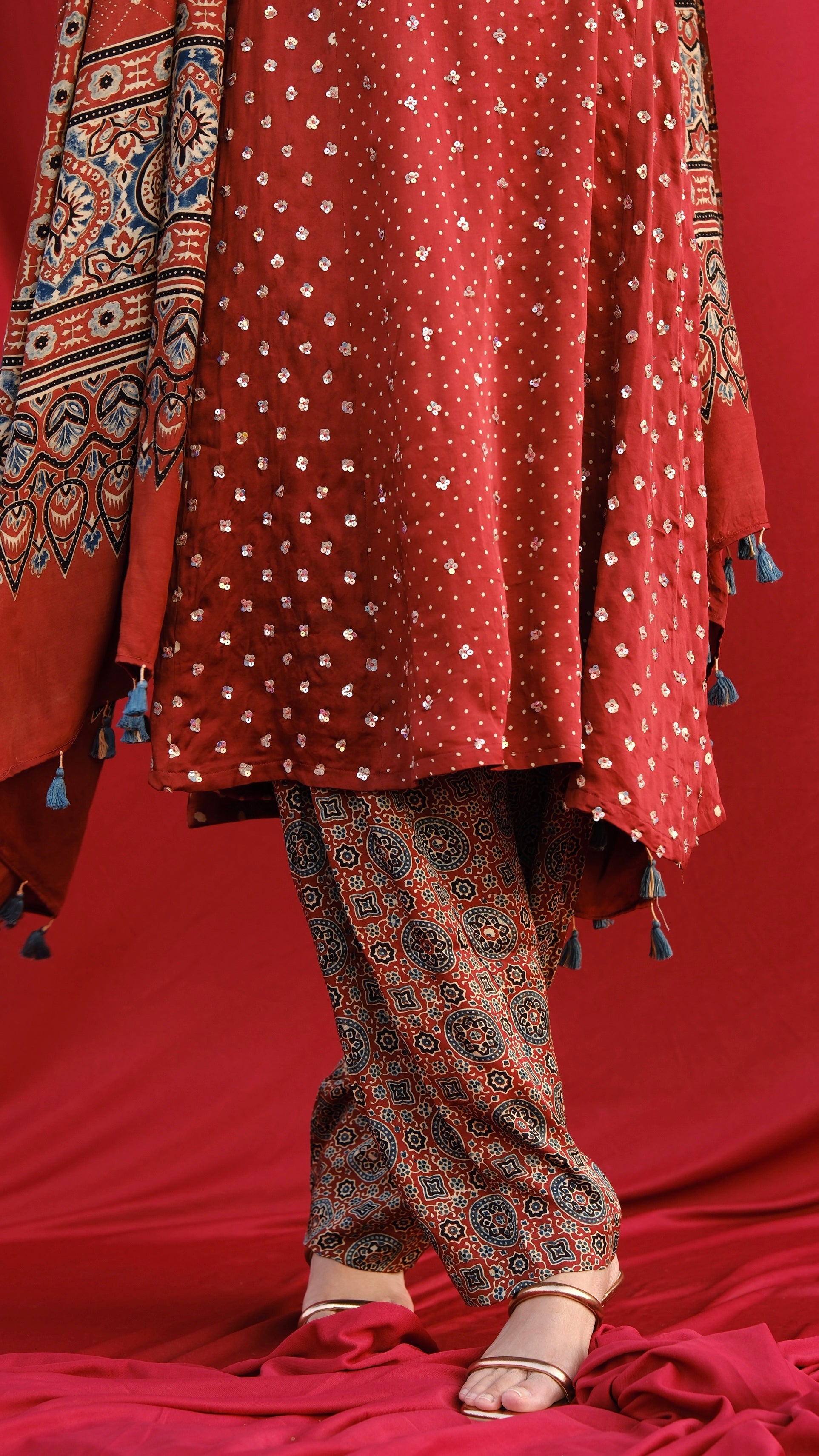 Ajrakh hand dyed hand block printed modal silk panel cut salwar set with cut bead handwork