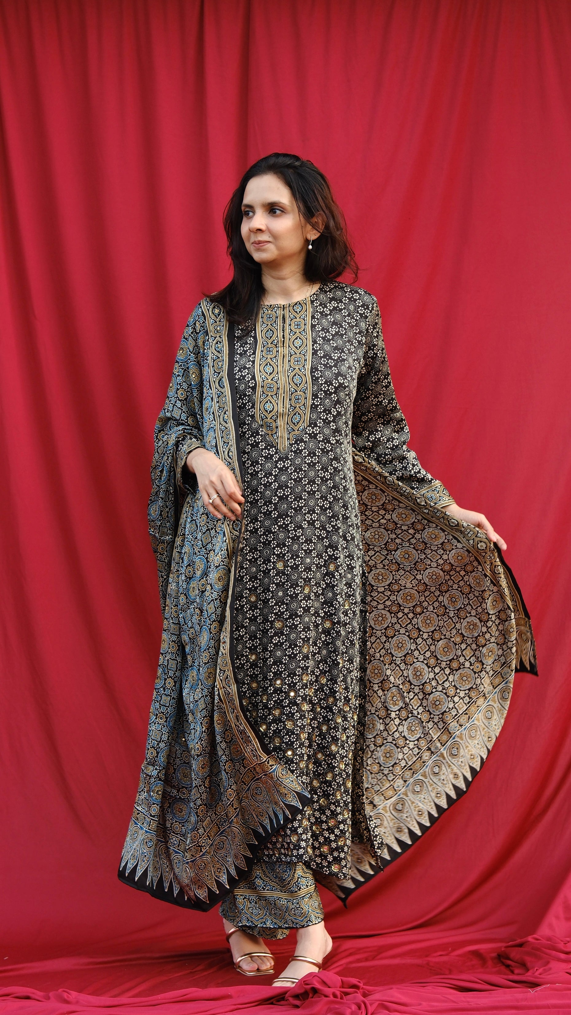 Ajrakh hand dyed hand block printed modal silk straight cut salwar set with cutbead handwork