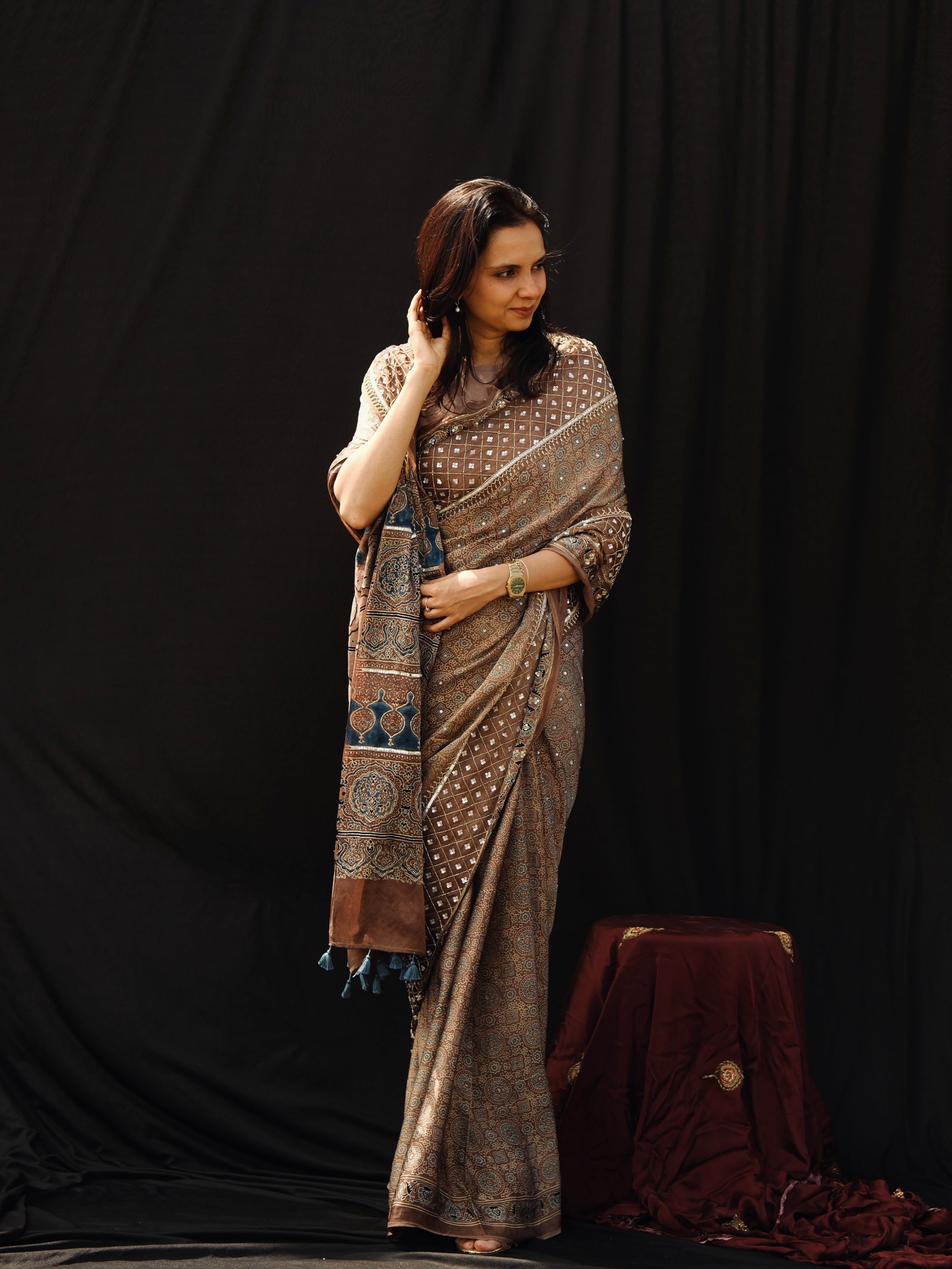 Ajrakh pure modal silk hand dyed, hand block printed and handworked saree