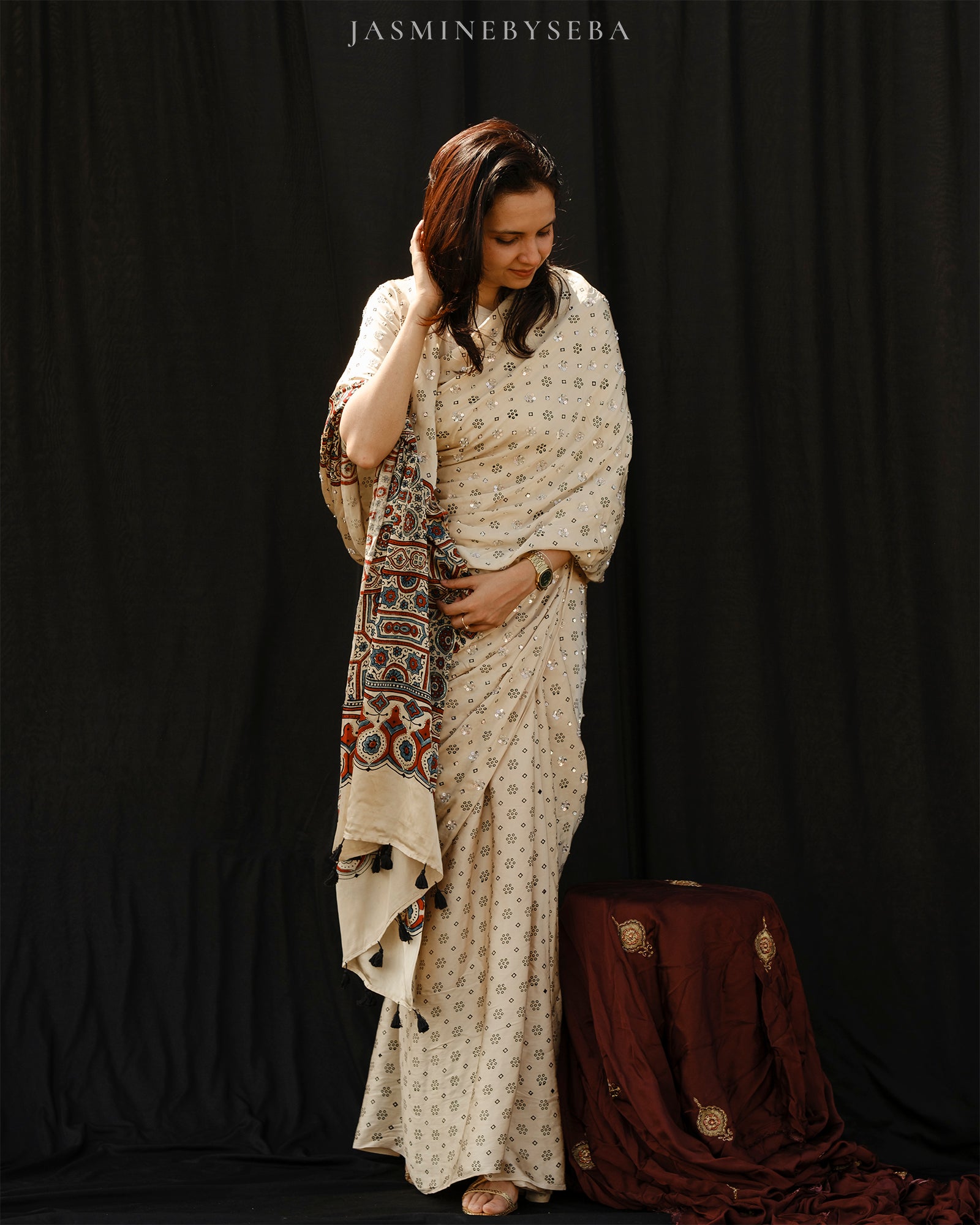 Ajrakh pure modal silk hand dyed, hand block printed and handworked saree