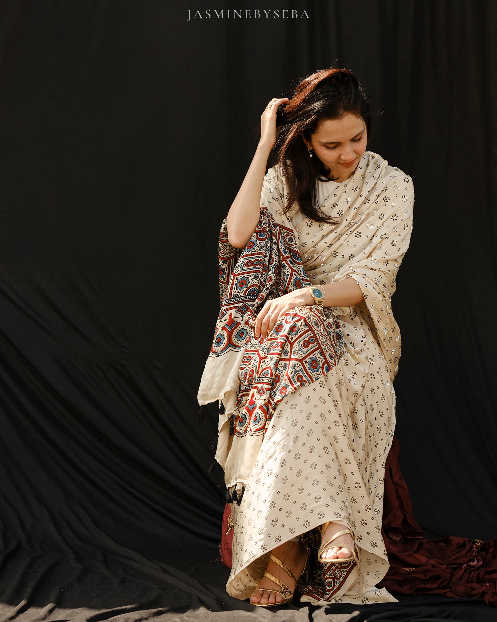 Ajrakh pure modal silk hand dyed, hand block printed and handworked saree
