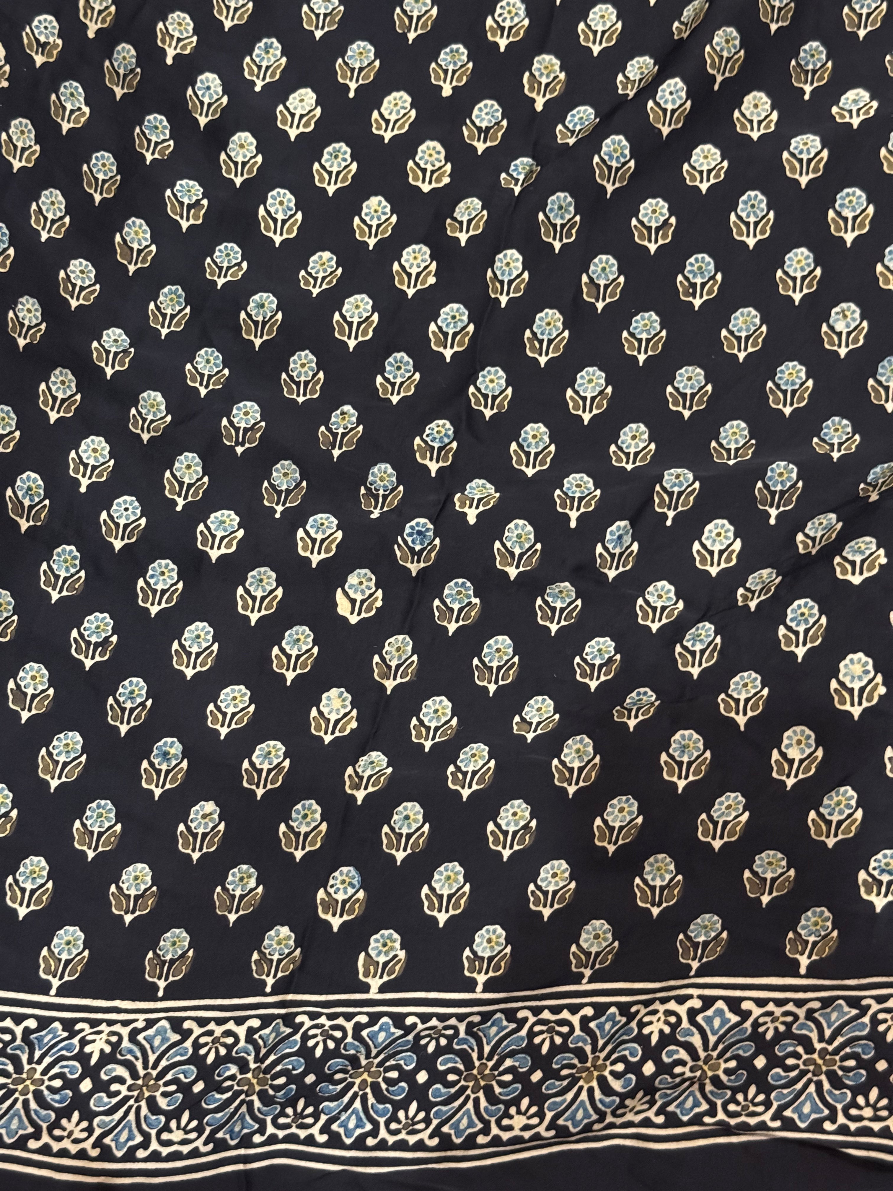 Ajrakh pure modal silk hand dyed, hand block printed and handworked saree