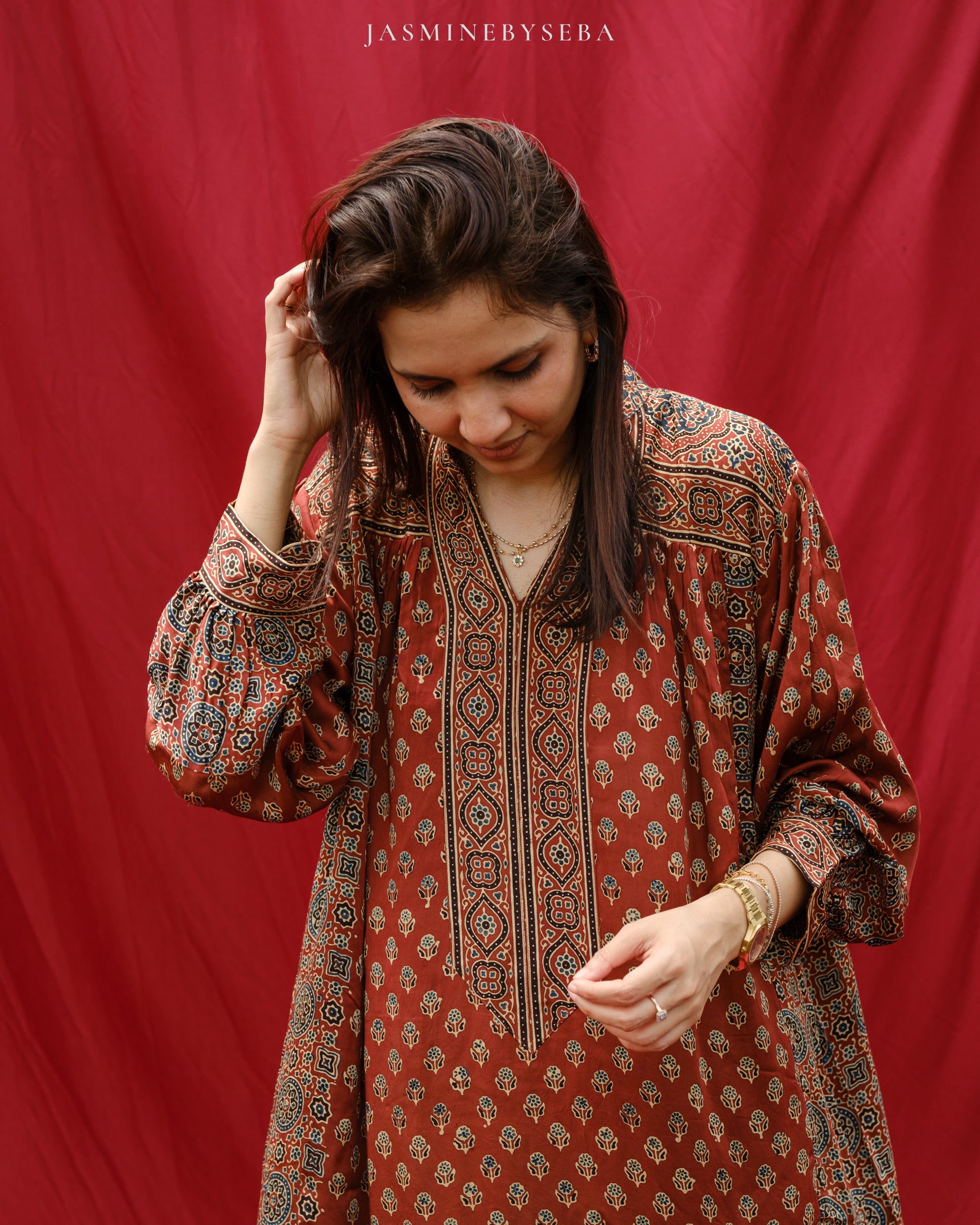 Ajrakh hand dyed hand block printed modal silk maxi dress