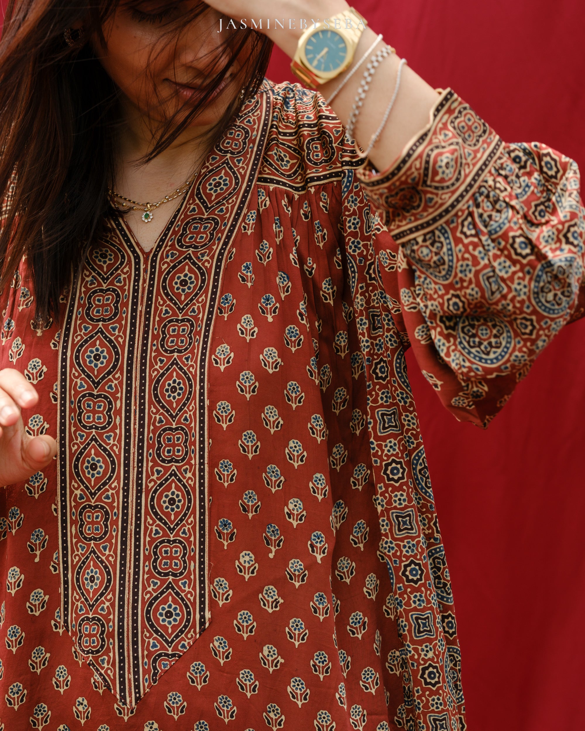 Ajrakh hand dyed hand block printed modal silk maxi dress